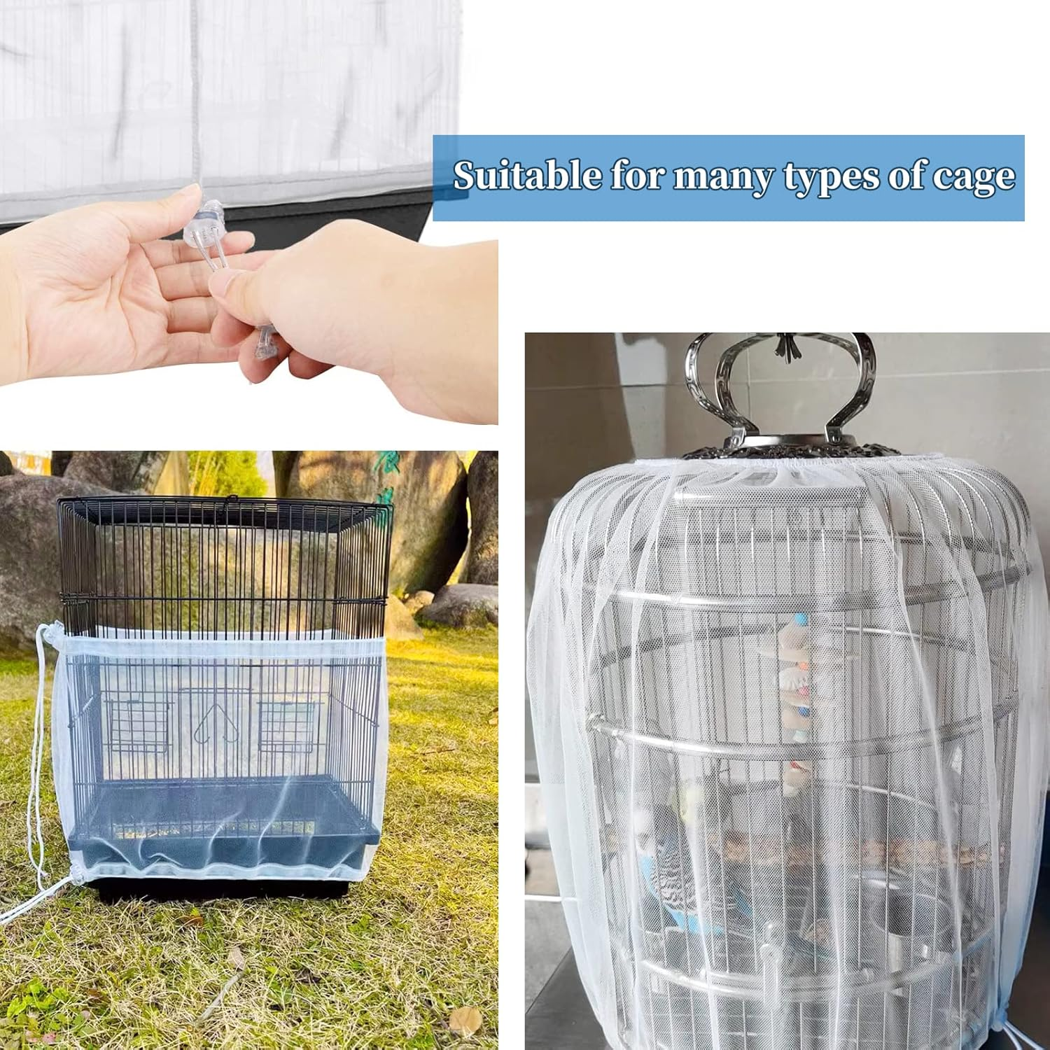 HOYDATE Adjustable Bird Cage Net Cover Birdcage Seed Feather Catcher Soft Skirt Guard Birdcage Nylon Mesh Netting for Parrot Parakeet Macaw round Square Cages (Circumference 37 Inch to 75Inches) image number 4