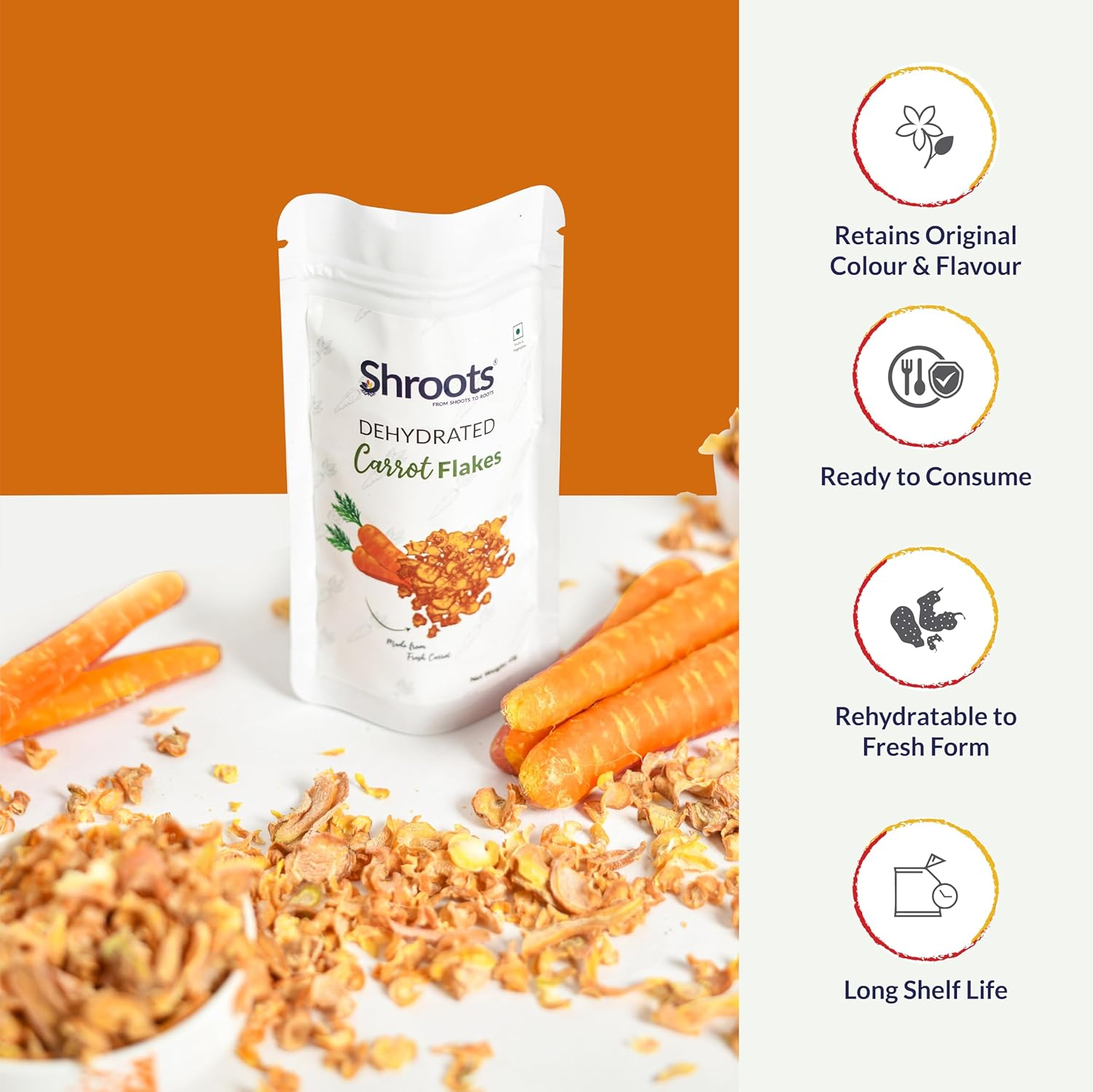 SHROOTS Dehydrated Carrot Flakes Pure Vegetarian Gluten-Free No Added Salt Easy Cooking Essential Machine Dried Vegetables with Natural Aroma Ideal for Camping or Everyday Meals 1.59 Oz, Pack of 1