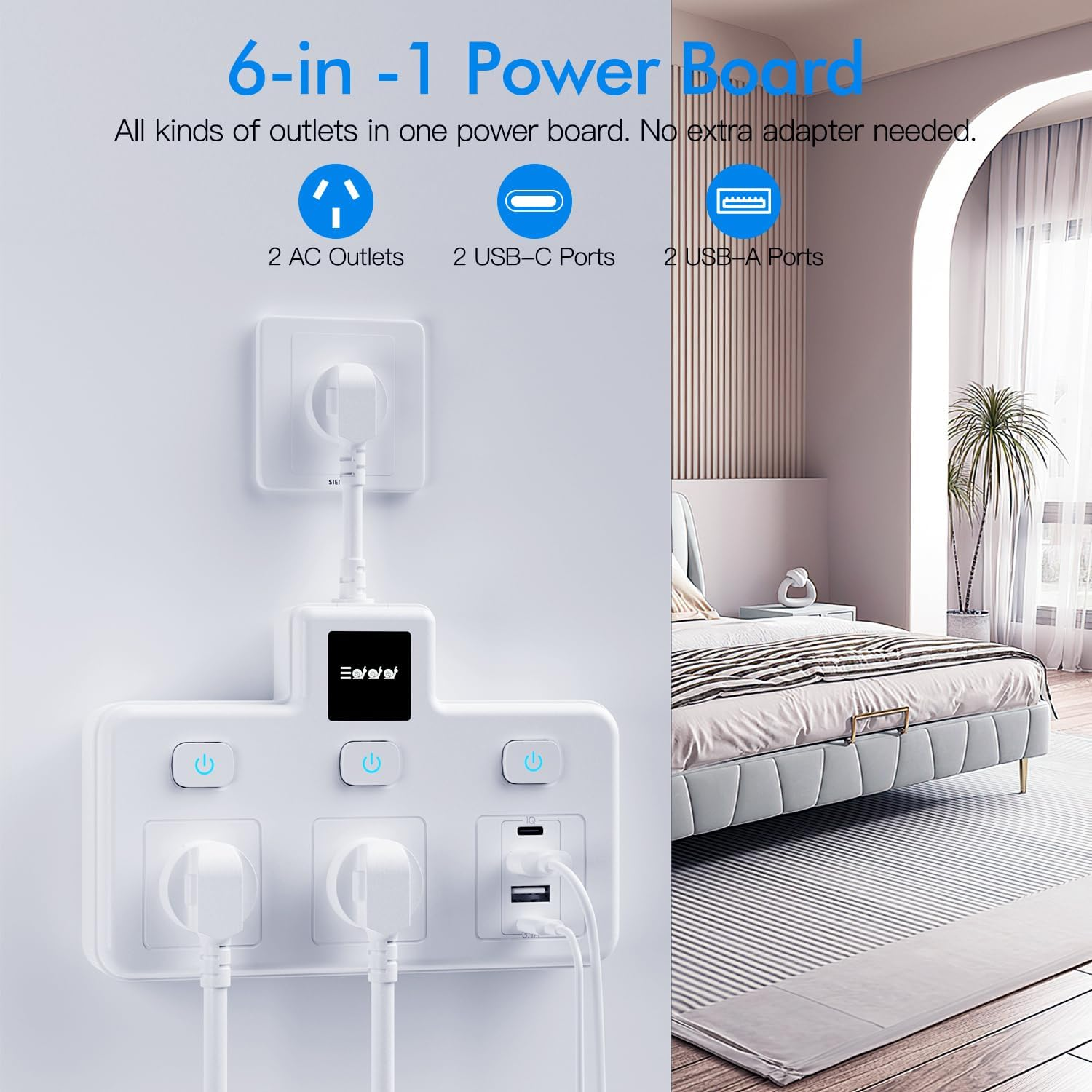 Power Board with 2 USB-C and 2 USB-A Ports,Surge Protector Power Strip 2 Outlets,3250W 10/16A Fast Charging,Adjustable Night Light for Home, Office, and Bedroom