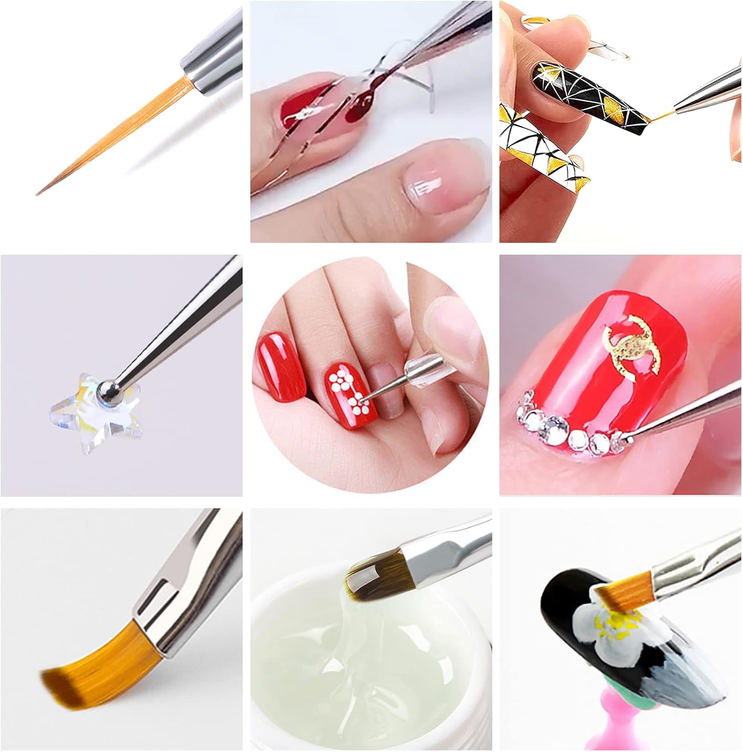 8PCS Function Nail Brush, Nail Liner Brush, Double Ended Nail Art Pen Brushes with Glitter Handle, for DIY Nail Art Designs Dot Pen Tools for Women Girls image number 6
