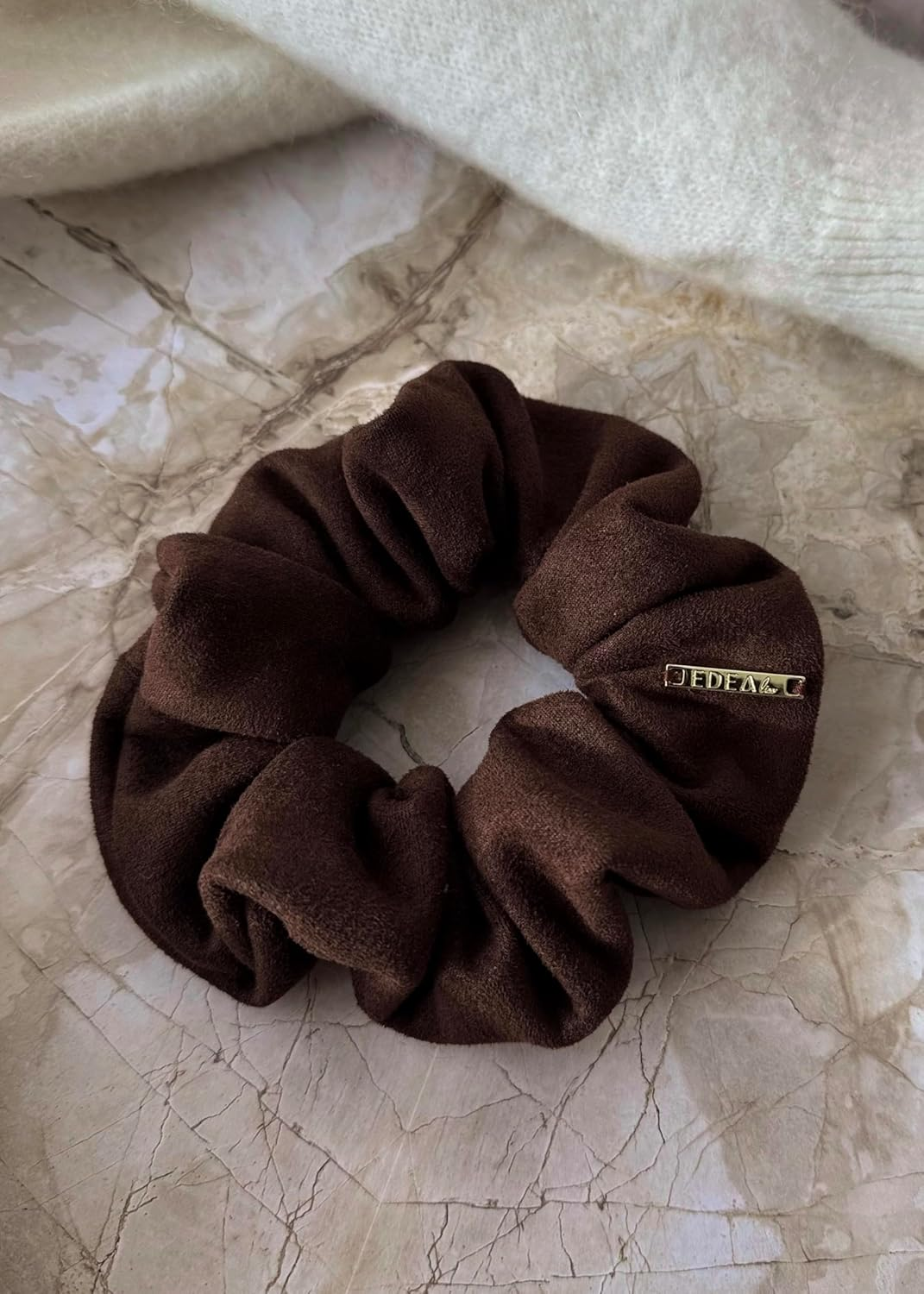 Edealiss Cozy Luxe Scrunchie - Autumn/Winter Women'S Velour & Faux Leather Hair Band - Elegant Premium Hair Accessory - No Pulling, Gentle Hold - Fashion Hair Tie (Chocolate Velour Suede)