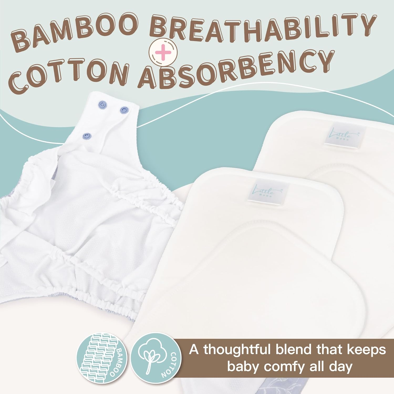 Little Bobo 8-Pack Eco Bamboo Cotton Cloth Nappy Inserts Set with Storage Bag | Reusable Ultra-Absorbent Booster Soaker Liner Pads | Gentle on Sensitive Skin | Nappy Rash Prevention for Newborns | Leak Protection & Day-Night Use (Bamboo Cotton Inserts) image number 5
