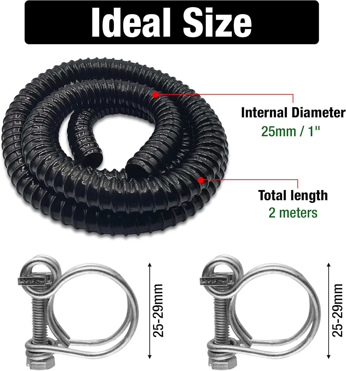 Corrugated Flexible Hose Pond Pipe 25Mm / 1"&ndash; 2-Meter with Advanced Double-Wired Hose Clips for Pond Pumps, Filters, Drainage &ndash; Corrugated Water Butt Connector Pipe - Black. Set by MYPURECORE image number 5