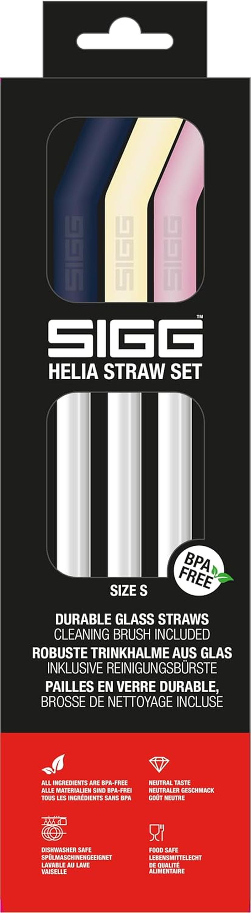 SIGG Helia Glass Drinking Straws Set (3 Pieces) Day, Reusable and Dishwasher Safe Glass Straws, Includes Cleaning Brush for Straws, Large