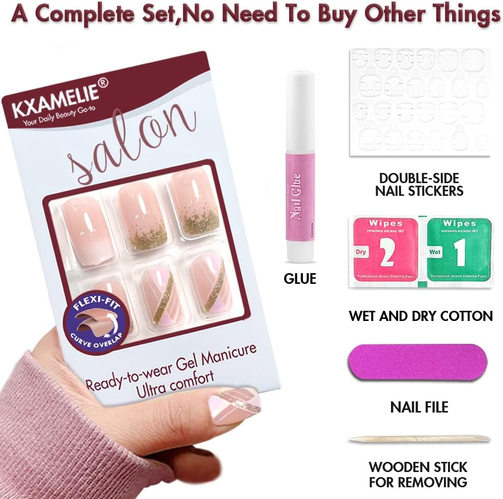 KXAMELIE Blue Short Press on Nails, Acrylic Art Nail Tips, Pack of 24 French Nails, Full Coverage Press on False Nails for Women and Girls image number 2