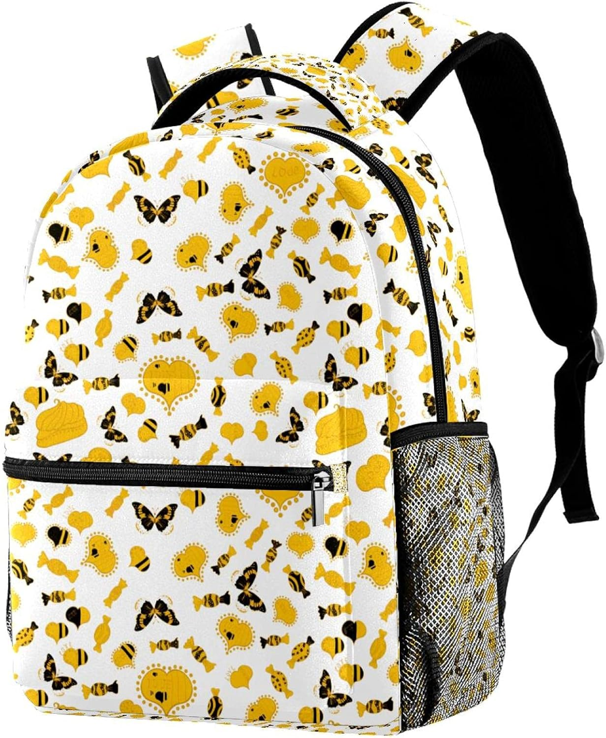 Nice Bee Butterfly Hearts Love on White, Yellow Colors Backpack Students Shoulder Bags Travel Bag College School Tote Backpacks image number 5