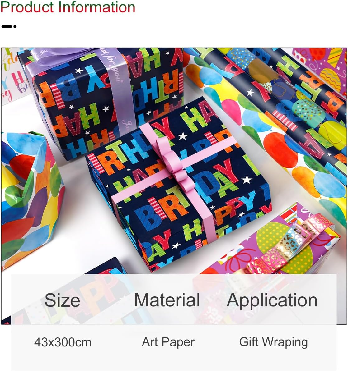 RINGSUN Birthday Wrapping Paper Roll, 43X300Cm Happy Birthday Gift Wrapping Paper, Premium Birthday Gift Wrapping Paper Roll - Ideal for Boys & Girls Presents image number 5