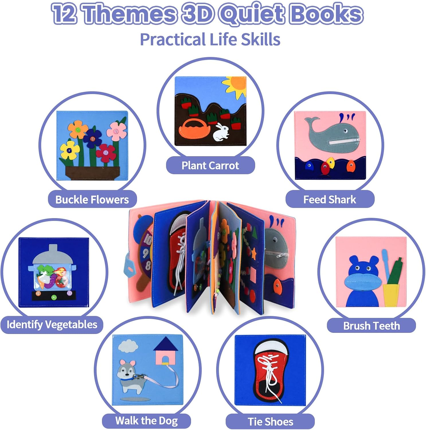 AKILION Quiet Books Busy Book for Toddlers 1-3, Montessori Toys for Toddler 1 2 Year Old Boy Girl Learning Gifts, Busy Board 3D Cloth Felt Book Baby Sensory Toy, Educational Kids Travel Toys for Plane