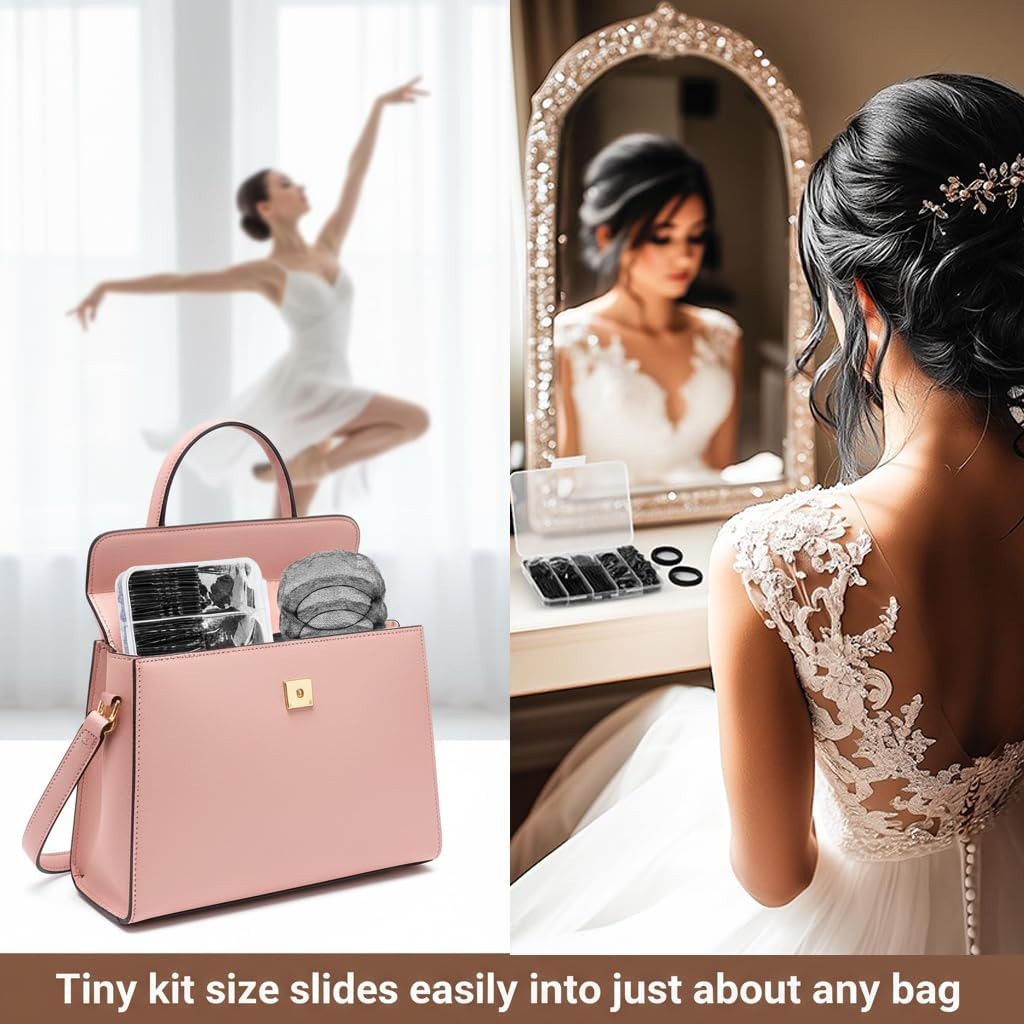 Quttly Professional Dance Hair Kit - 100 U-Pins, 50 Bobby Pins, 100 Elastic Bands, 8 Invisible Hairs Nets, 2 Hair Ties for Secure Ballet Bun | Competition & Performance Essentials(Black) - Black image number 4