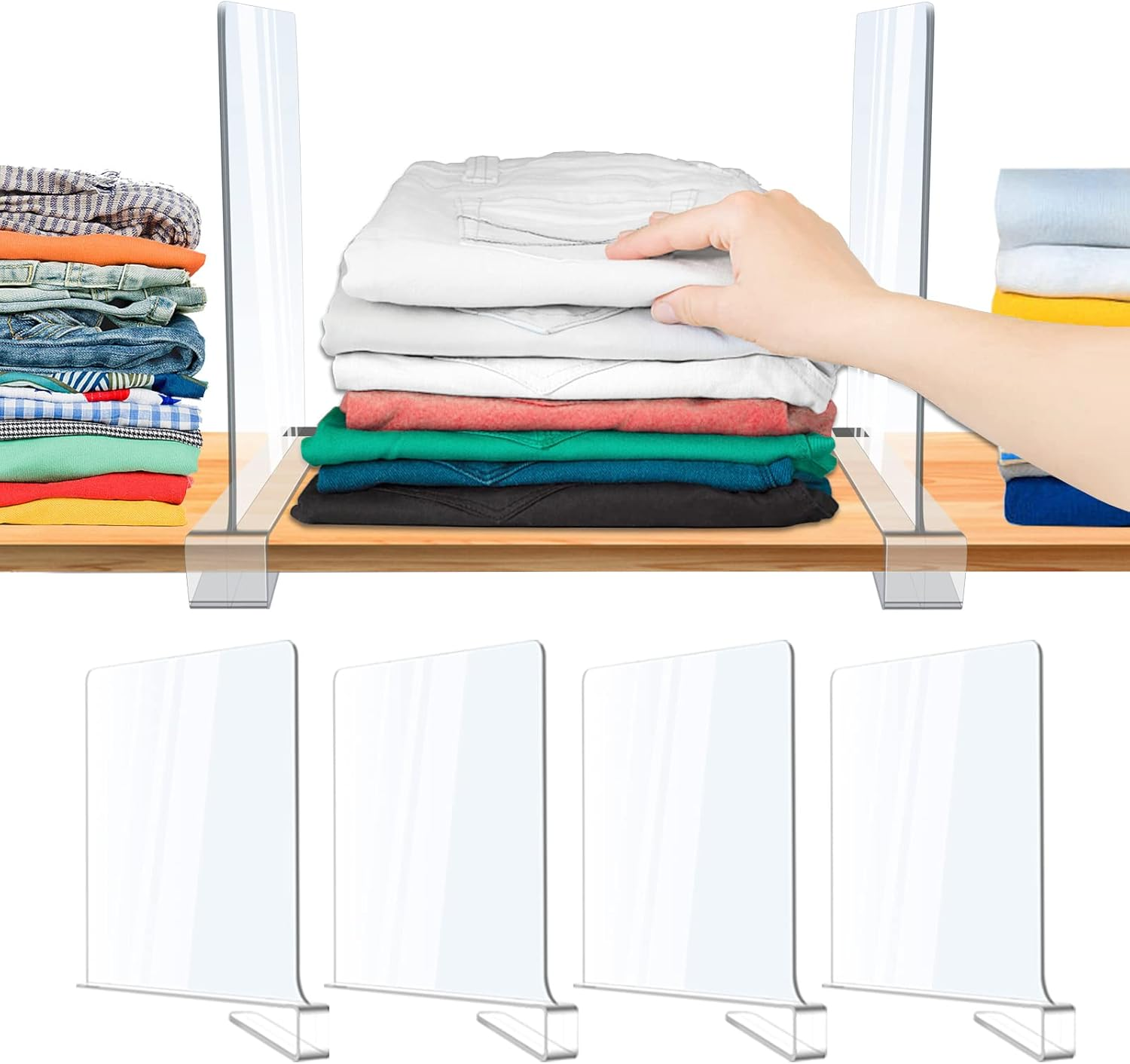 Acrylic Shelf Dividers for Closet Organization, Clear Closet Shelf Separators for Wooden Shelving, Adjustable Acrylic Bookshelf Organizers for Kitchen Cabinets and Bedroom (8PCS)