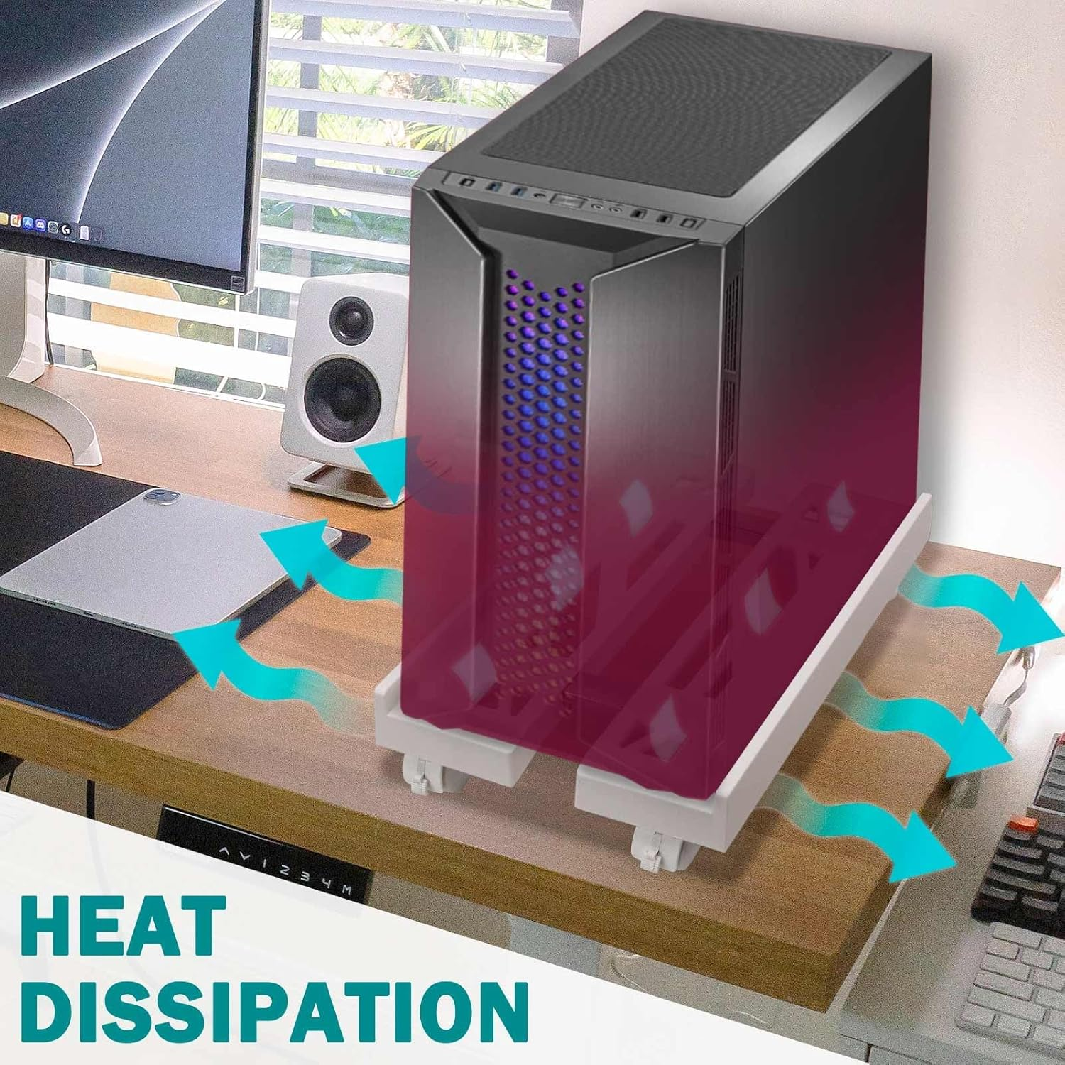 Adjustable Mobile CPU Stand with 360&deg; Wheels, Ventilated Computer Tower Stand Fits Most PC (White) image number 5