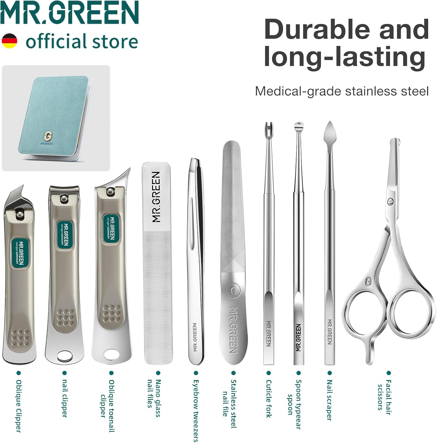 MR.GREEN Fashion Imprint Manicure Sets Professional Nail Clipper Set Personal Care Tool Kits Nial Cutter Gift with Leather Case (Green(10Pcs Set)) image number 1
