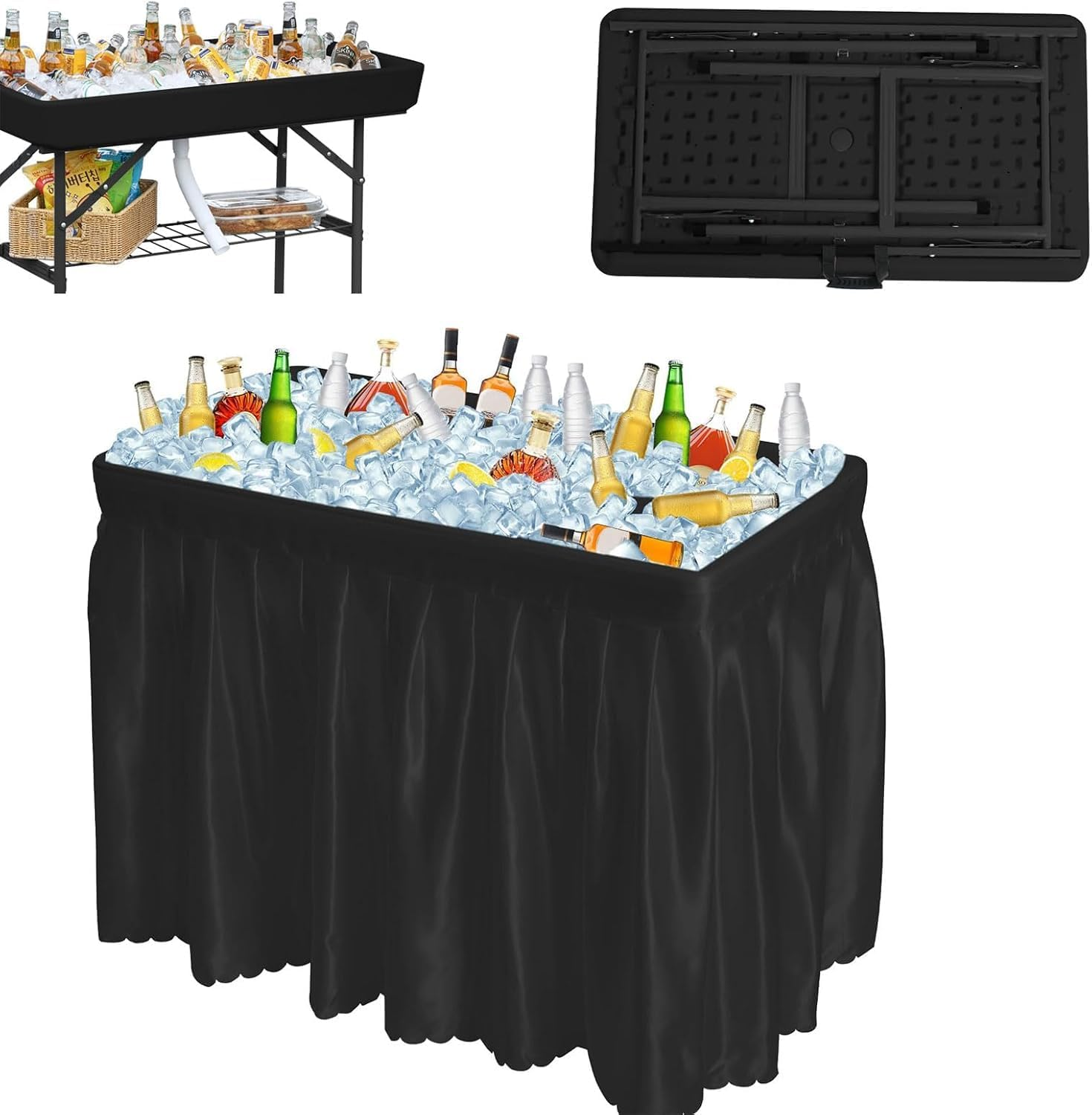 Outdoor Ice Cooler Folding Table, Portable Tailgate Camping Fishing Cleaning Table, Plastic with Matching Skirt, Ice Table for Party, BBQ, Camp, Picnic, Wedding (Black)