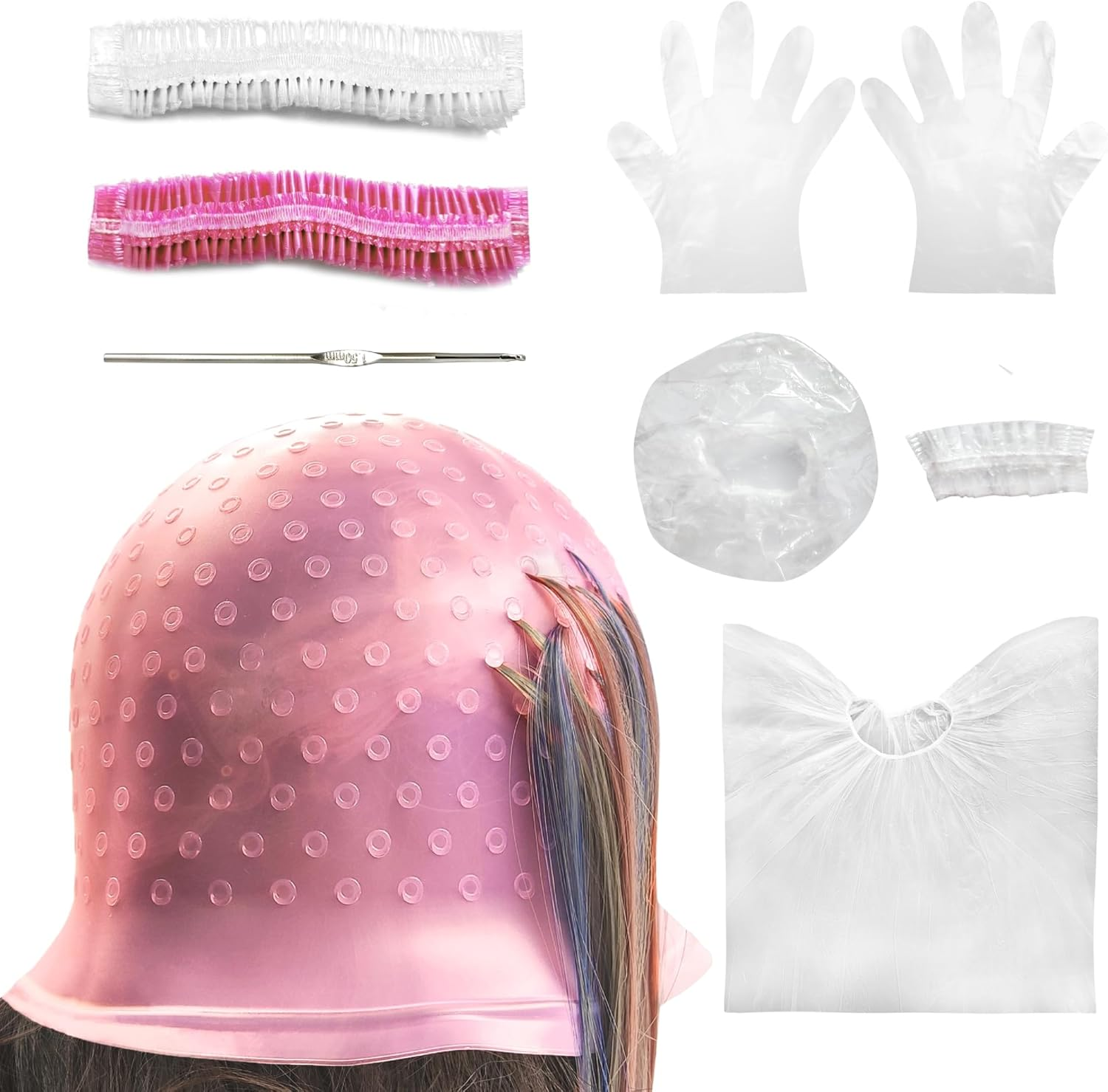 9 Pcs Highlight Cap Kit, Silicone Highlighting Cap Hair Dye Cap with Holes Reusable Highlighting Cap with Hook for Home Salon Professional Hairdressing Dyeing Staining Tools Set for Women Men image number 2