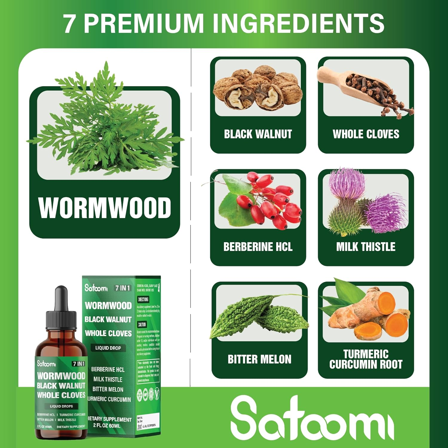SATOOMI 7In1 Wormwood Liquid Drops with Black Walnut, Whole Cloves, Berberine, Milk Thistle, Bitter Melon and Turmeric - 60Ml for 60 Days image number 4