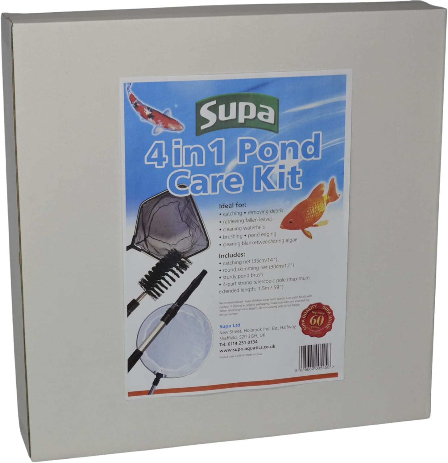 Supa 4 in 1 Pond Care Cleaning Kit Including Telescopic Pole, Skimmer Net, Catch/Landing Net & Cleaning Brush