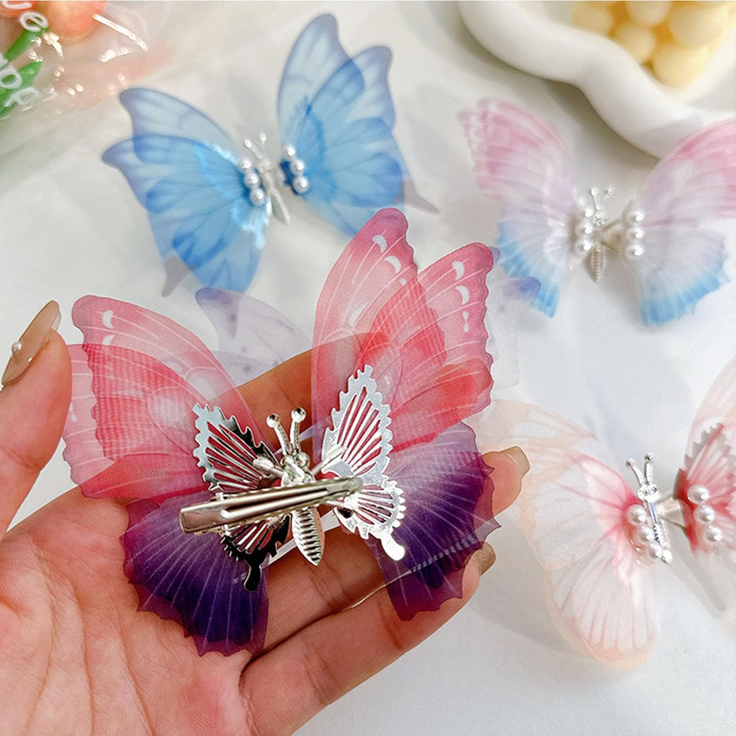 Set of 4 Butterfly Hair Clips Girls, 3D Glitter Colour Gradient Hair Accessories Girls Women Children Hair Clips Set, Bridal Wedding Jewellery Headpieces Hair Bun Hair Accessories image number 5