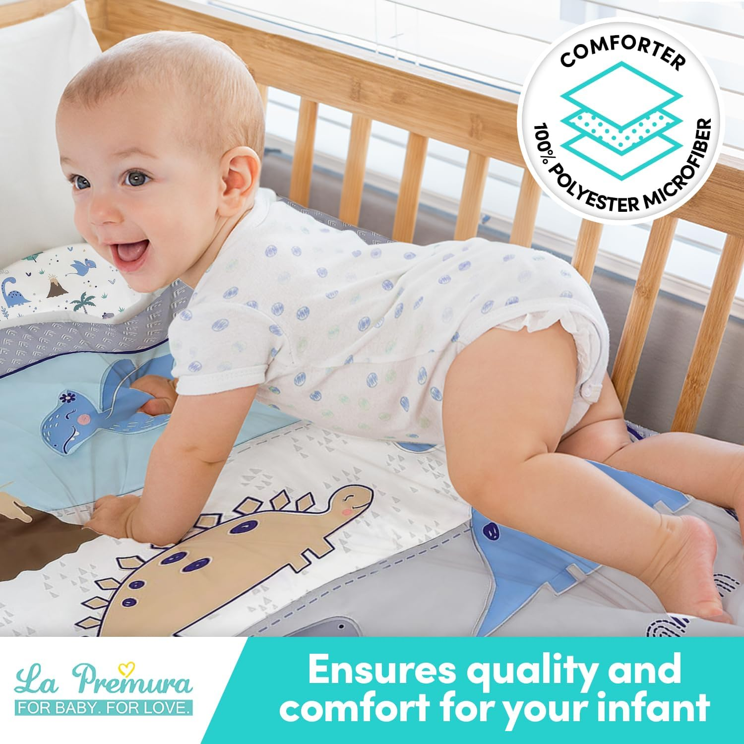 La Premura Dinosaur Baby Nursery Crib Bedding Set &ndash; Dinosaur 3 Piece Standard Size Crib Set, Grey/Blue - Unisex Nursey Bedding and Neutral Decor image number 3