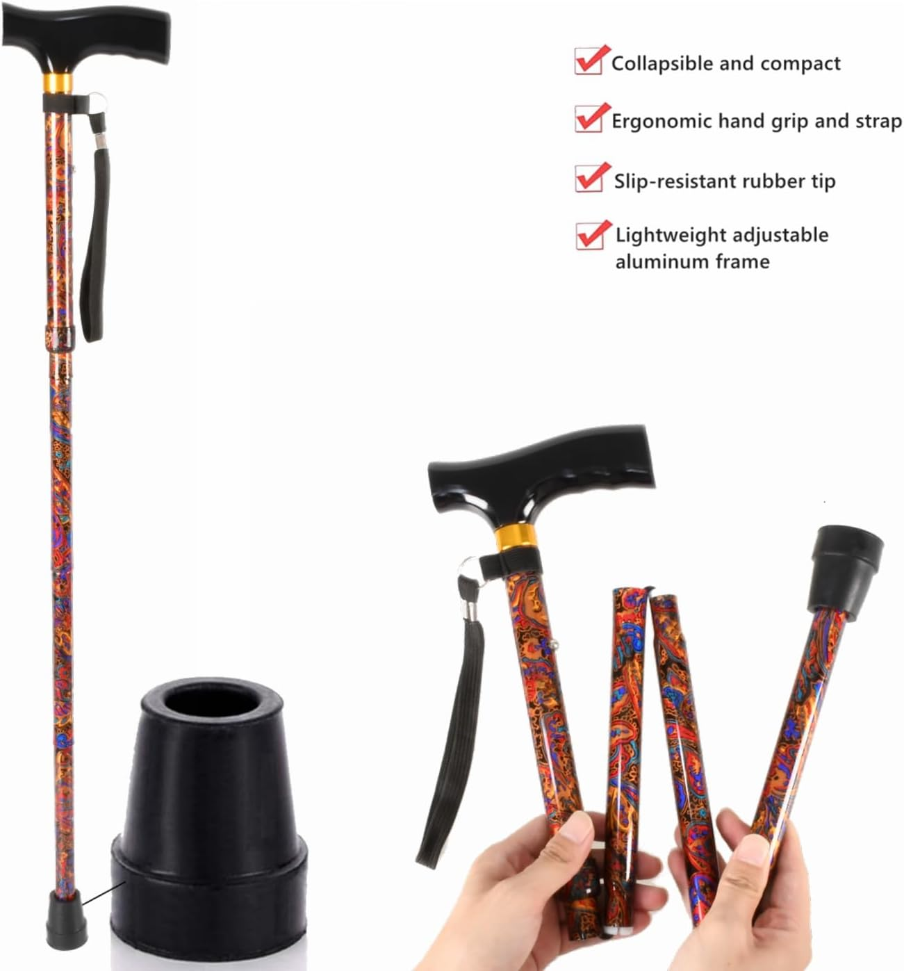 Foldable Walking Cane, Portable Hand Walking Stick, Walking Cane with Smooth Wood Handle, Adjustable Walking Cane, Folding Cane, Collapsible Canes for Seniors, Adjustable Cane image number 1