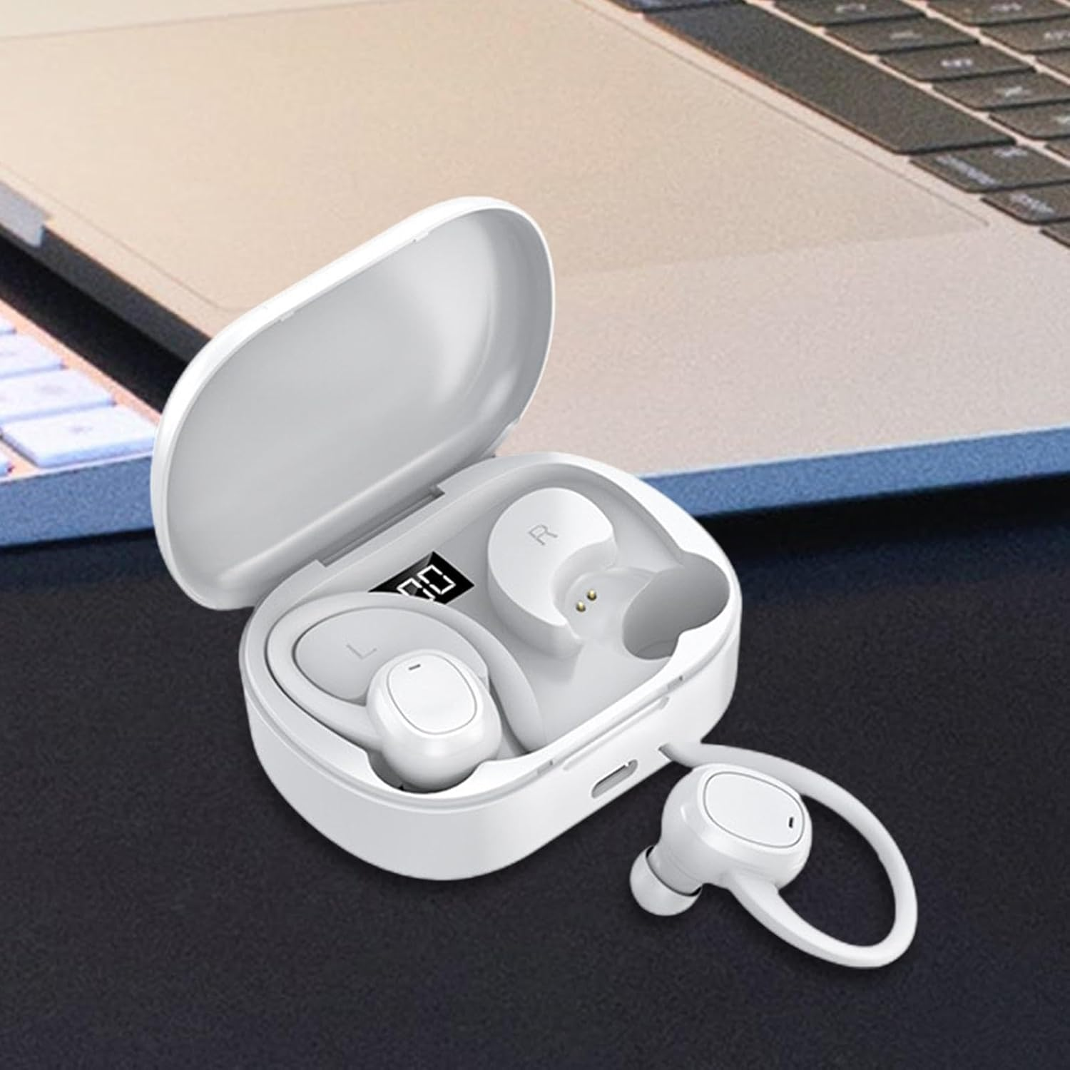 Bluetooth Headphones Ear Hooks Stereo V5.3 Earbuds for Sports Working Gaming White