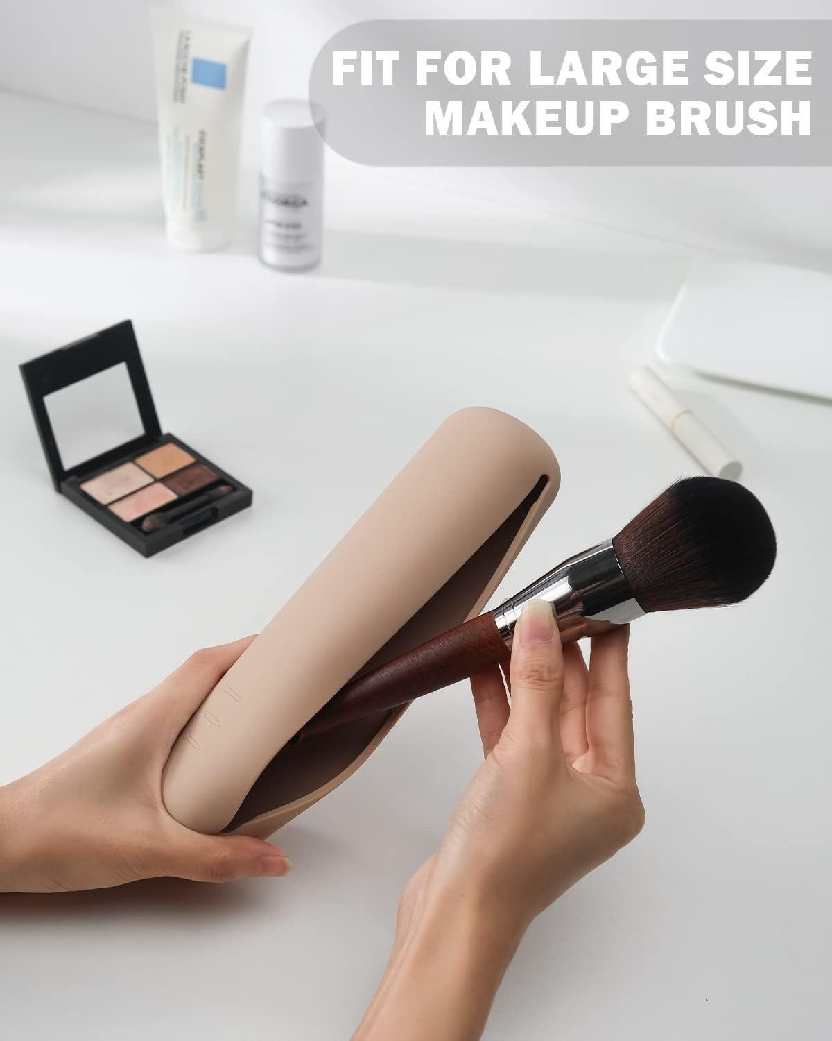 BEZOX Travel Makeup Brush Holder with Magnet Closure - Silicone Make up Brushes Case Cute &ndash; Portable Cosmetic Brush Organizer Pouch - Khaki image number 2