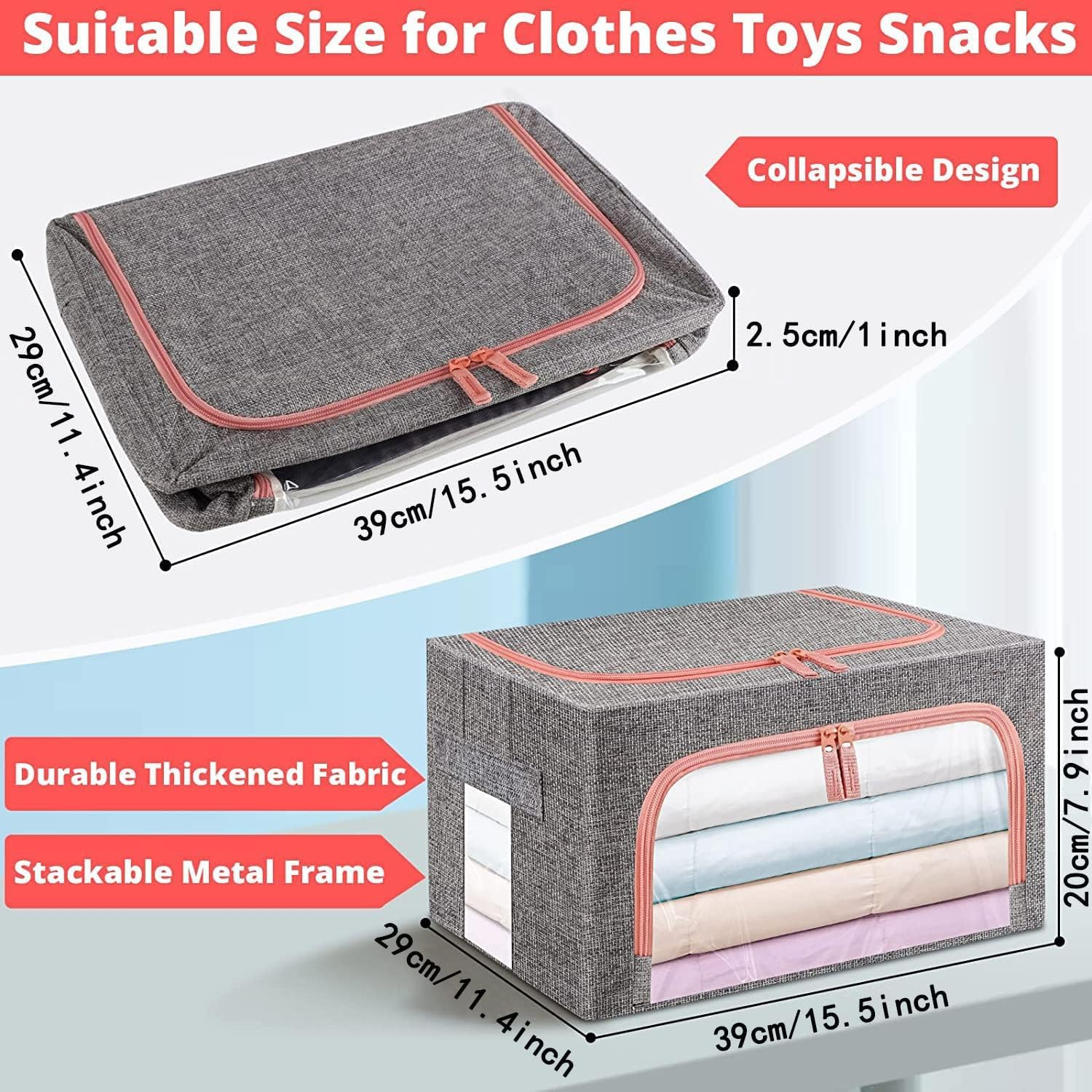 Clothes Storage Bins Box - 2 Pack 22L Cotton and Linen Foldable Stackable Container Organizer Set with Clear Window & Carry Handles & Metal Frame - Large Capacity for Bedding, Blankets, Toys, Books image number 4