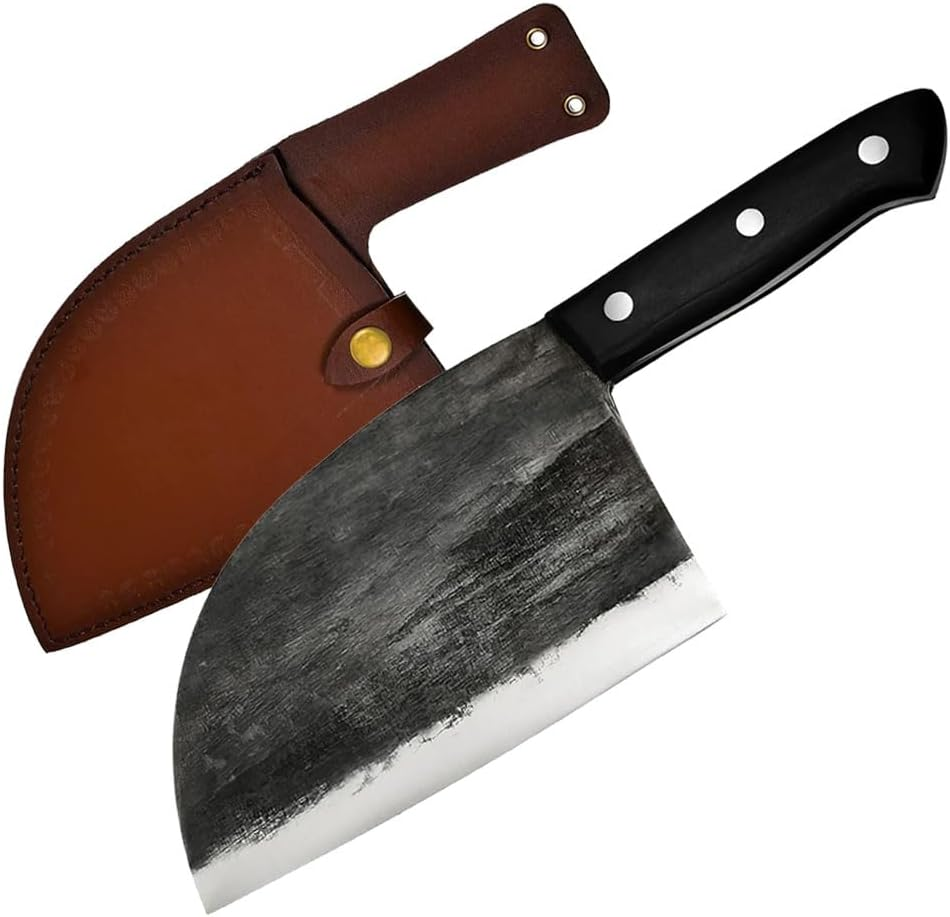Ariv Hommey 6.5 Inch Handmade Serbian Chef Knife Cleaver Forged Cutting Butcher Knives High Carbon Steel Razor Sharp V-Shaped Blade Cleavers Ergonomic Full Tang Wood Handle W/Carrying Sheath