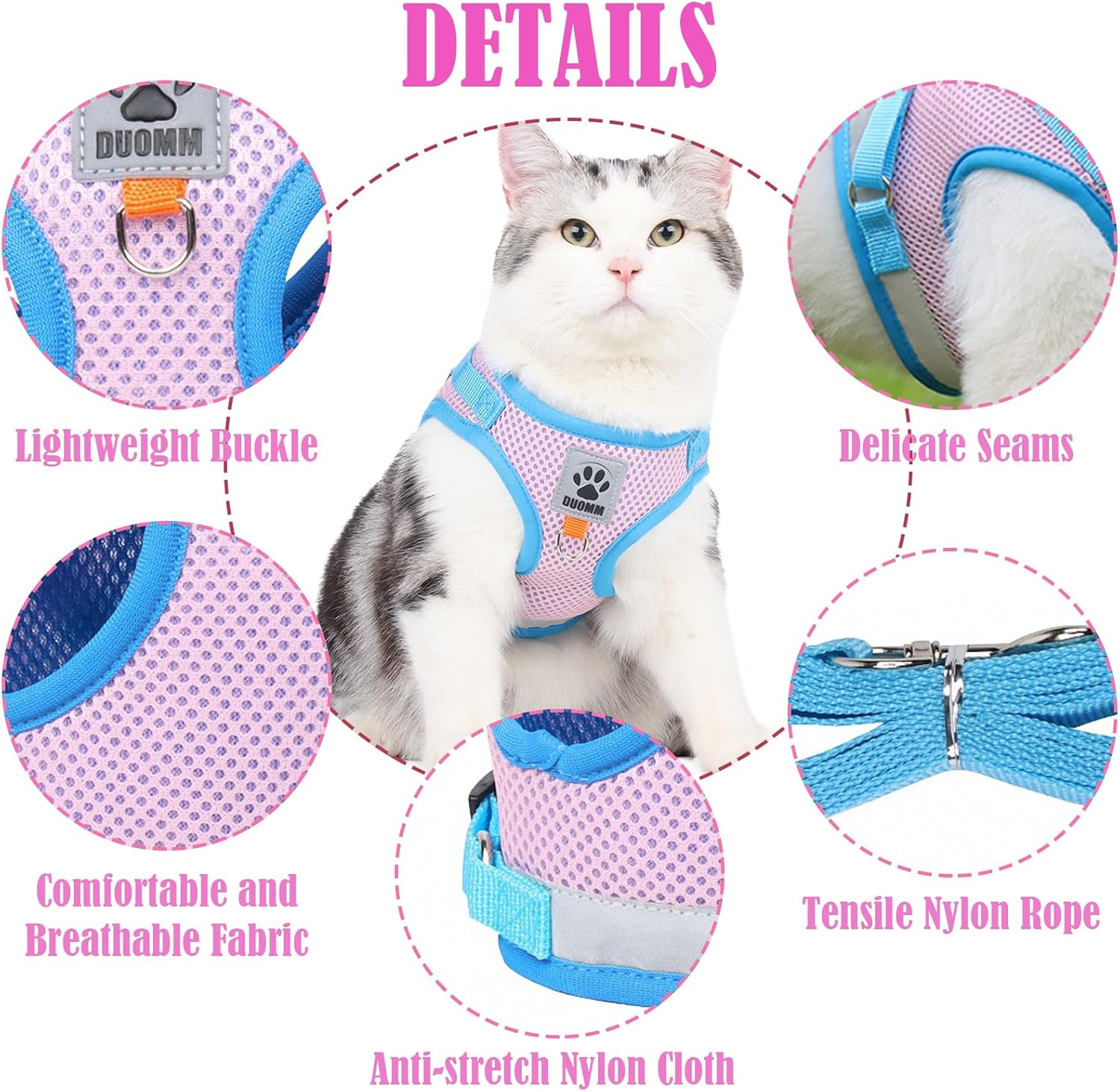 TYXHXTF Cat Harness and Lead Set, Soft Mesh Harness for Cats, Escape Proof Cat Kitten Walking Vest, Adjustable Reflective Strips Vest Harnesses with Collar, for Small Cats Pets(S Pink) image number 6