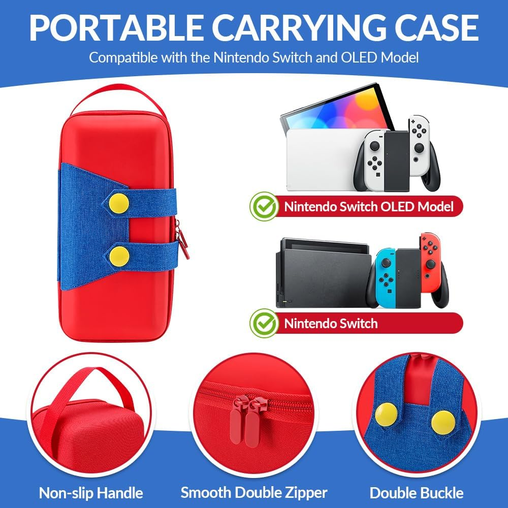 WOTOW Case for Nintendo Switch/Switch OLED, Red Blue Portable Soft Shell Storage Bag with 10 Switch Game Cards Case, Kawaii Cartoon Character Protective Travel Pouch for Console and Accessories image number 6