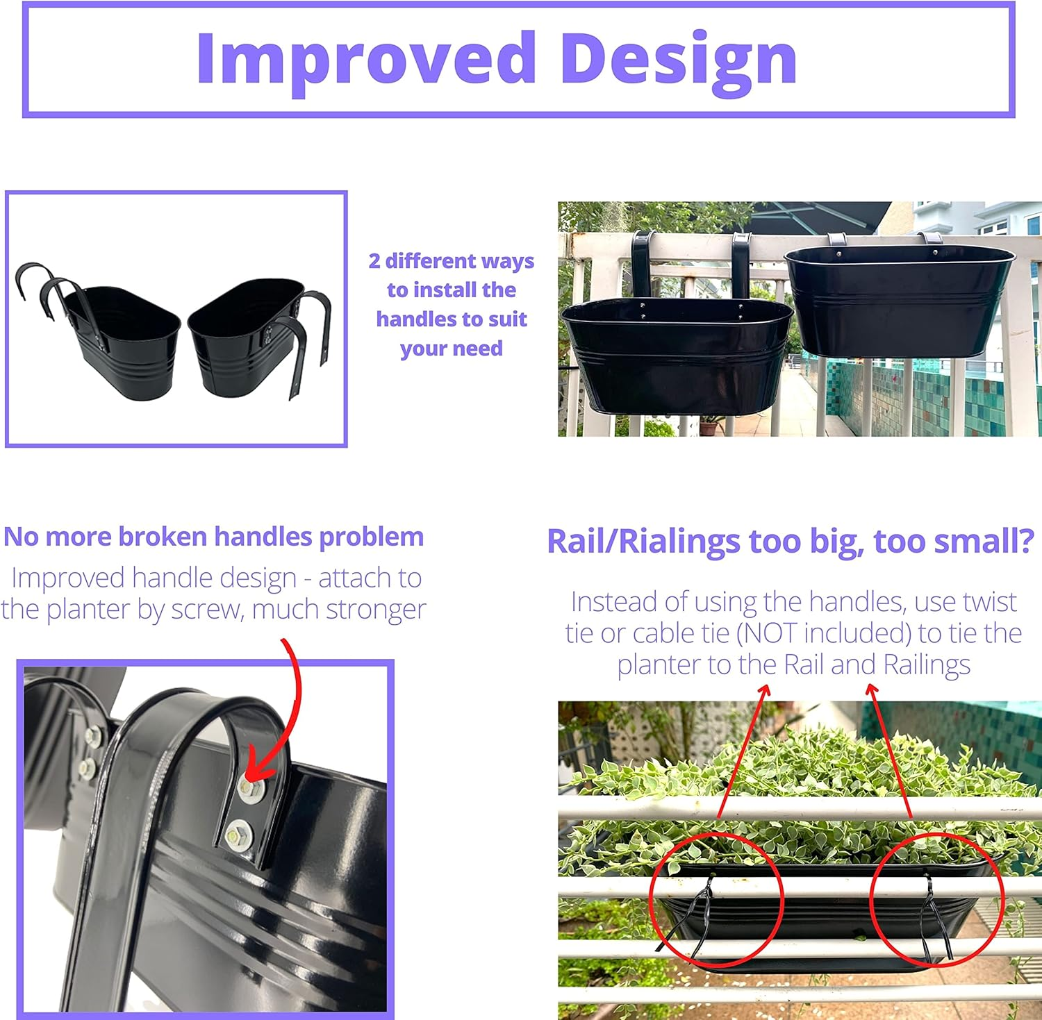 Lalagreen Outdoor Rail Planter (4 Pack, 11.8 Inch) Black Metal Iron Hanging Flower Pots Deck Railings Fence Buckets Modern Countryside Boho Style Wall Mount Window Box Plant Holder Hooks Porch Decor image number 6