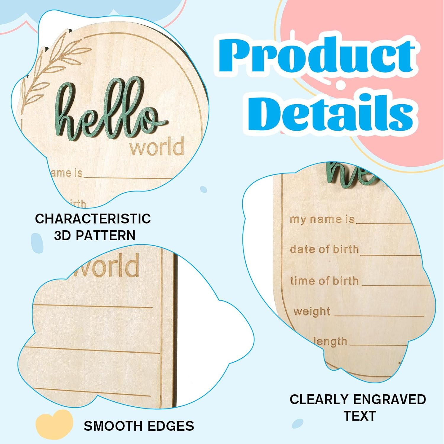 Baby Announcement Sign, 5.9 Inch Wooden Hello World Newborn Signs Birth Baby Name Plaques Birth Announcement Sign for Newborn Boys and Girls Photo Prop Ba-By Shower Hospital Nursery Gift image number 2
