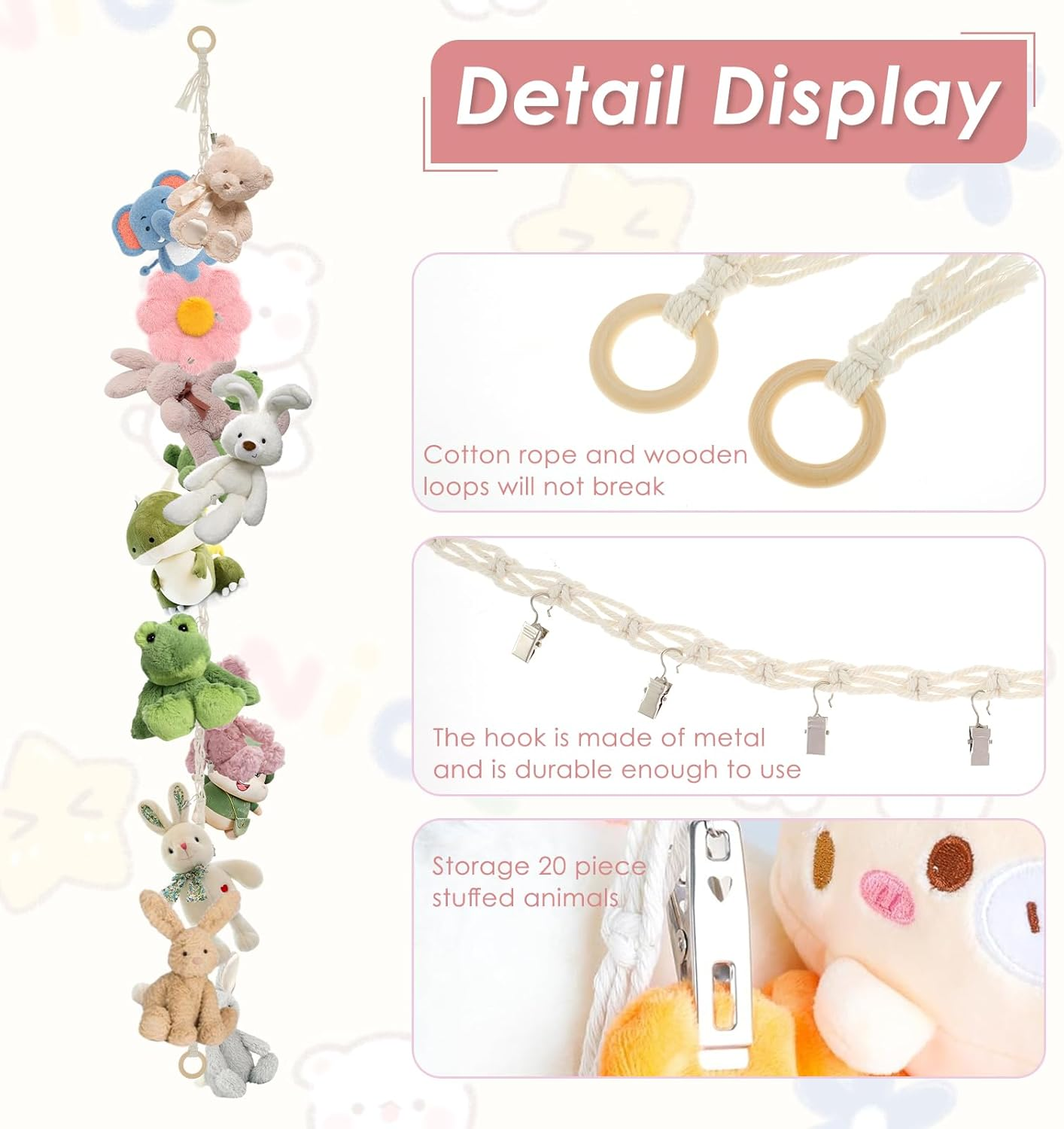 Stuffed Animals Storage Chain with Clips, Hanging Stuffed Animal Holder, Stuffed Animal Storage Hammock Corner,Boho Stuffed Animal Organizer Chain for Wall or Corner Nursery Play Room(1 PCS) - 2Pcs image number 4