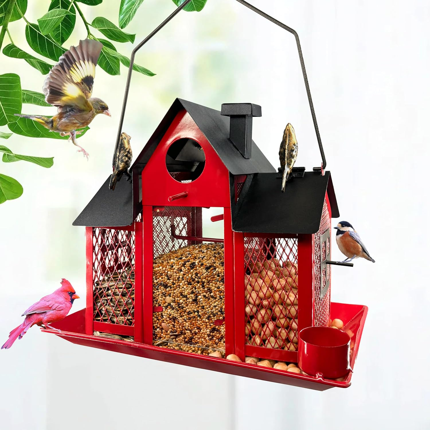 Bird Feeder Solar Bird Feeders House for outside Hanging, Metal Wild Bird Feeder for Outdoors, Large Capacity Birdhouse Bird Feeders (Cute House-Red) image number 4