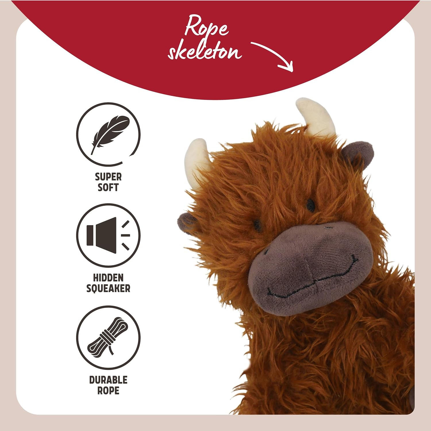 Tough Rope Core Cow, Plush Interactive Dog Toy - Brown image number 6