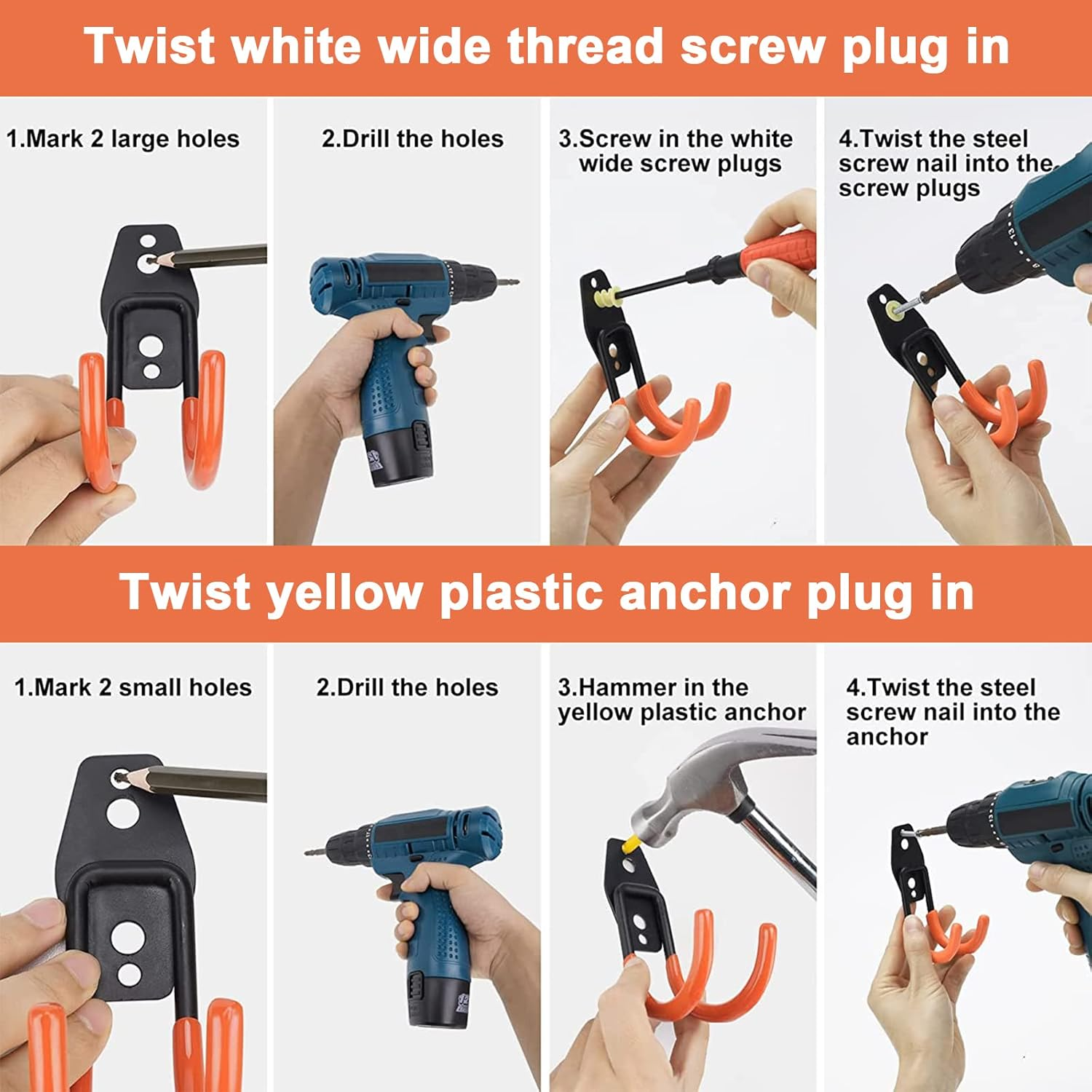 Sulishang 16 Pack Garage Hooks Heavy Duty, Utility Steel Garage Storage Hooks, Wall Mount Tool Organizer with Anti-Slip Coating for Garden Tools, Ladders, Bulky Items and More Equipment (Orange) image number 4