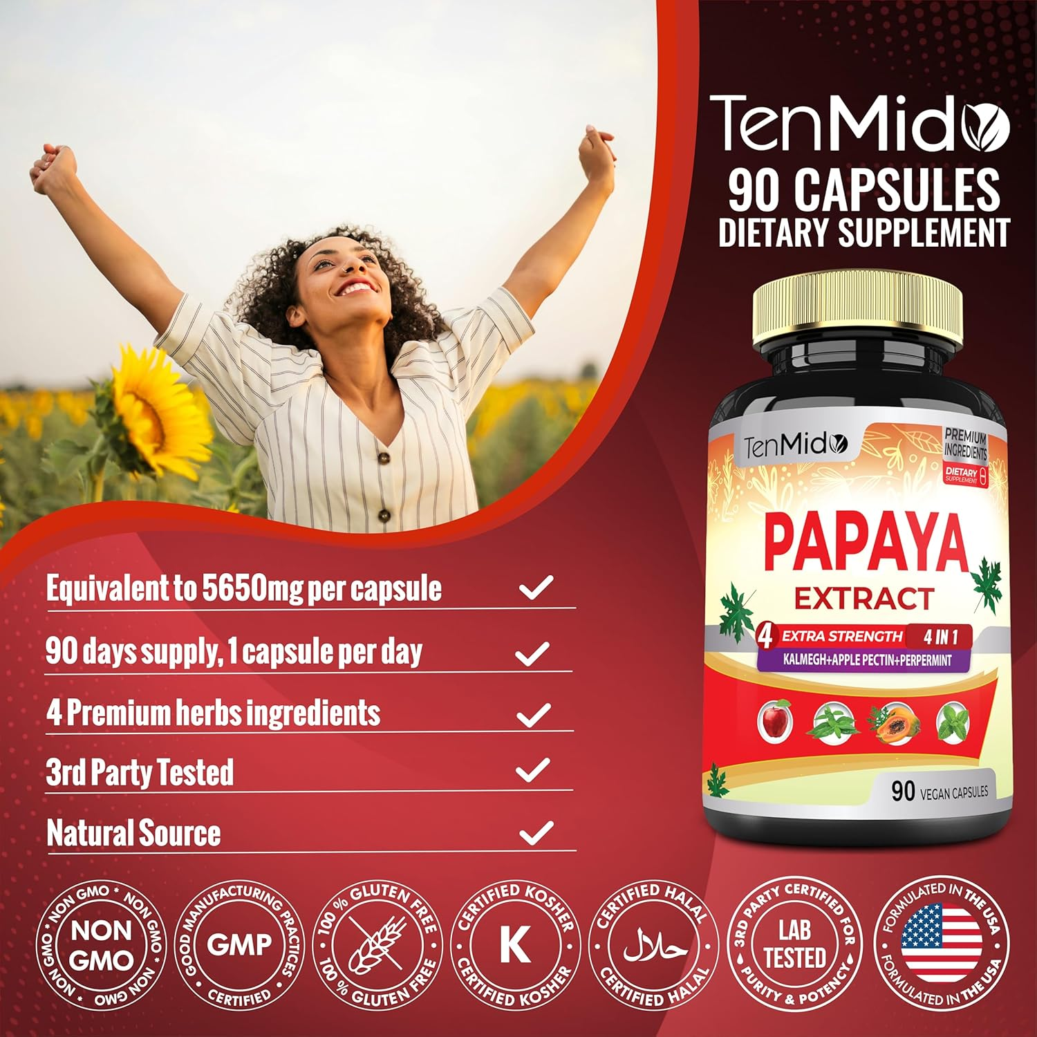 Papaya Leaf Extract Supplements Capsules 5650Mg, 3 Months Supply with Kalmegh, Apple Pectin, Peppermint - Improved Digestion Function - 90 Vegan Capsules image number 5