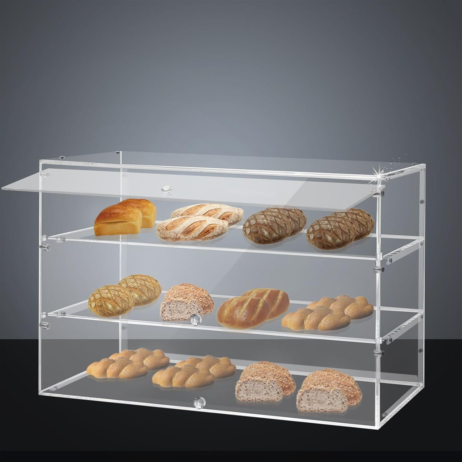 Maxkon Cake Display Cabinet 3 Tier Acrylic Stand Case Unit Holder Bakery Cupcake Muffin Donut Pastry Model Showcase Desktop with Lift-Up Door Transparent image number 1