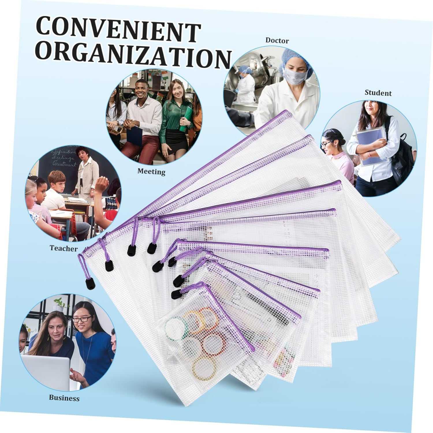 TIDTALEO 32Pcs Mesh Zipper Pouch Transparent Document Wallets with Purple Zippers and White Mesh Body Multi Organizer Bags for Stationery Travel Office Supplies Portable and Lightweight image number 3