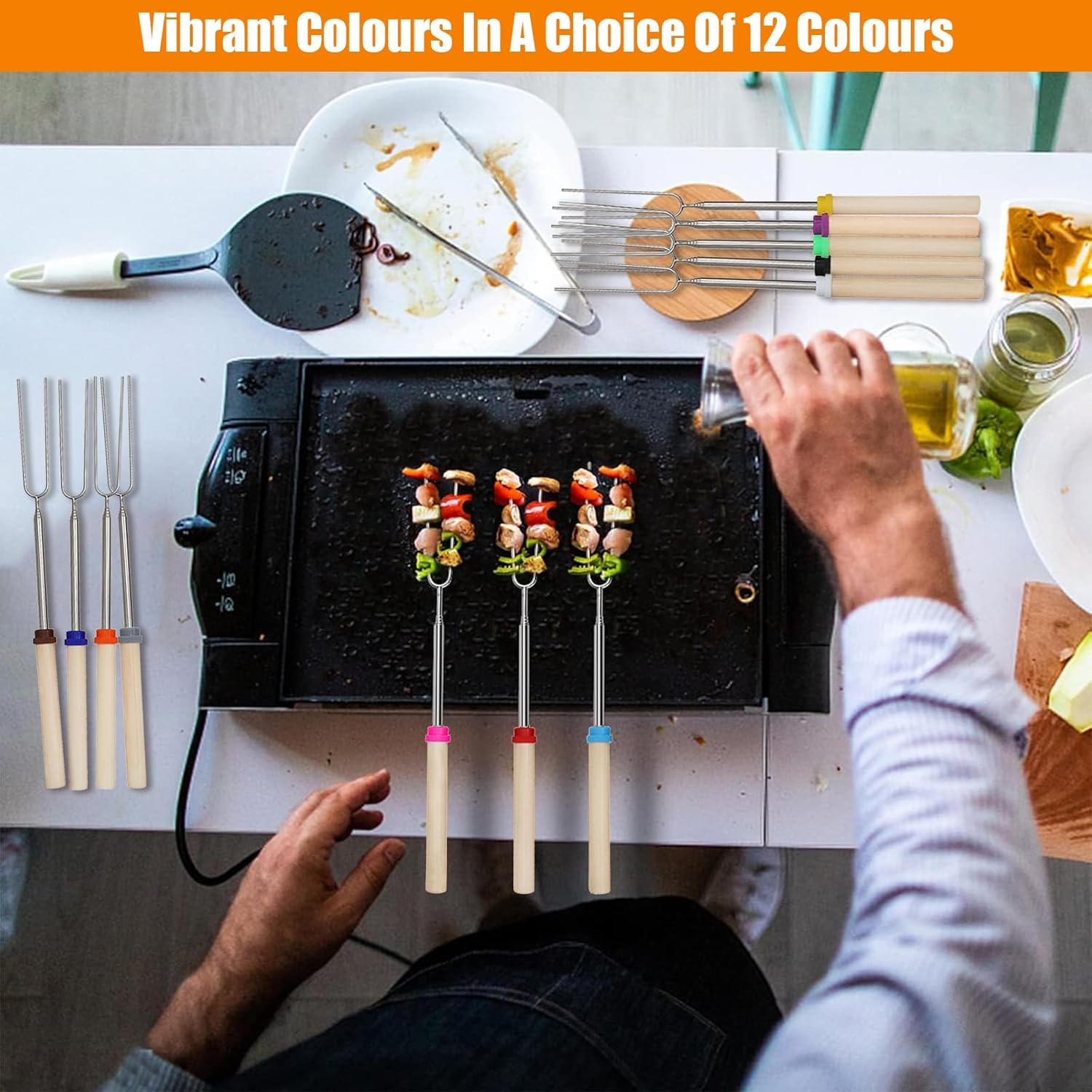 12 Pack U-Shape Marshmallow Toasting Kit, Extendable Stainless Steel Roasting Sticks with Canvas Pouch, Wooden Handle Hot Dog Skewers Toasting Fork for Camping, Picnic, Fire Pit, BBQ, Campfire Party image number 4