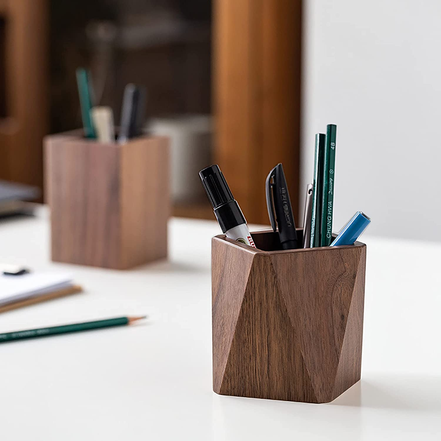 Black Walnut Wooden Pencil Box, Multiple-Use Desk Writing Stationary Organizer Wood Pen Holder Cups Office School Supplies Storage (Prismatic Shape) image number 3