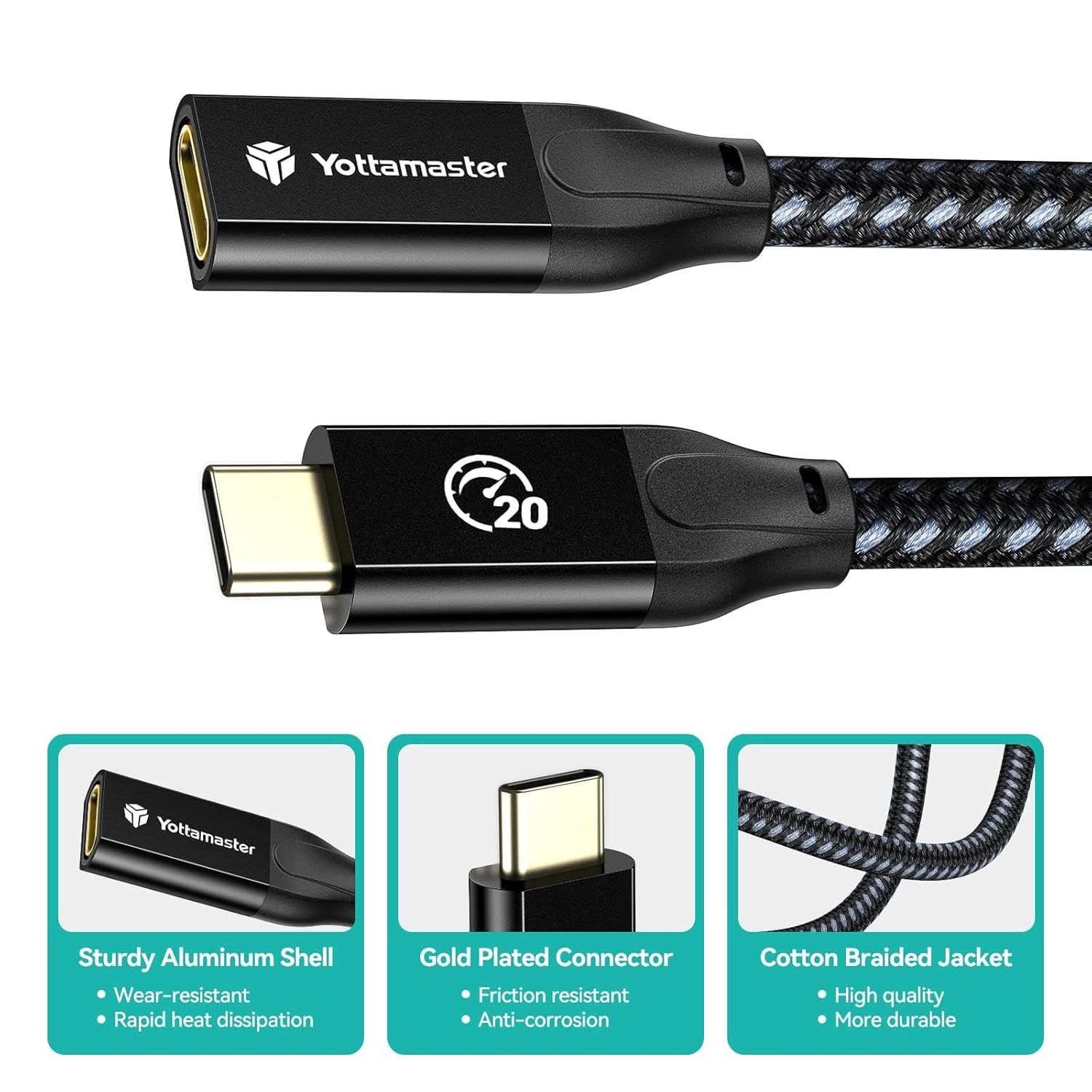 USB C Extension Cable[20Gbps, 100W], Yottamaster USB3.2X2 Male to Female Extended Adapter PD 100W 4K@60Hz Cotton Braided Extender Compatible with Macbook, Laptops, Display/Monitors [1M/3.3Ft] image number 2
