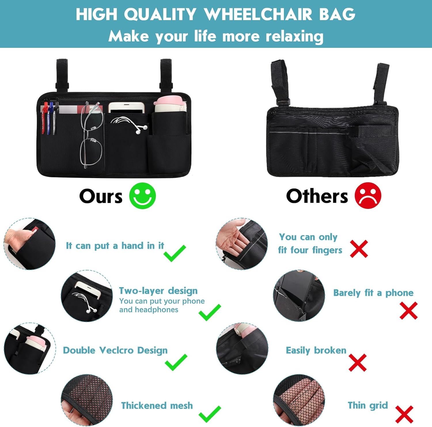 CTWWFS Upgrade Wheelchair Side Bag with Cup Holder, Armrest Accessories for Wheelchair, Rollator, Walker, the Perfectly Organized to Free Your Hands and Bring You a Wonderful Life Experience (Black) - Gray image number 4