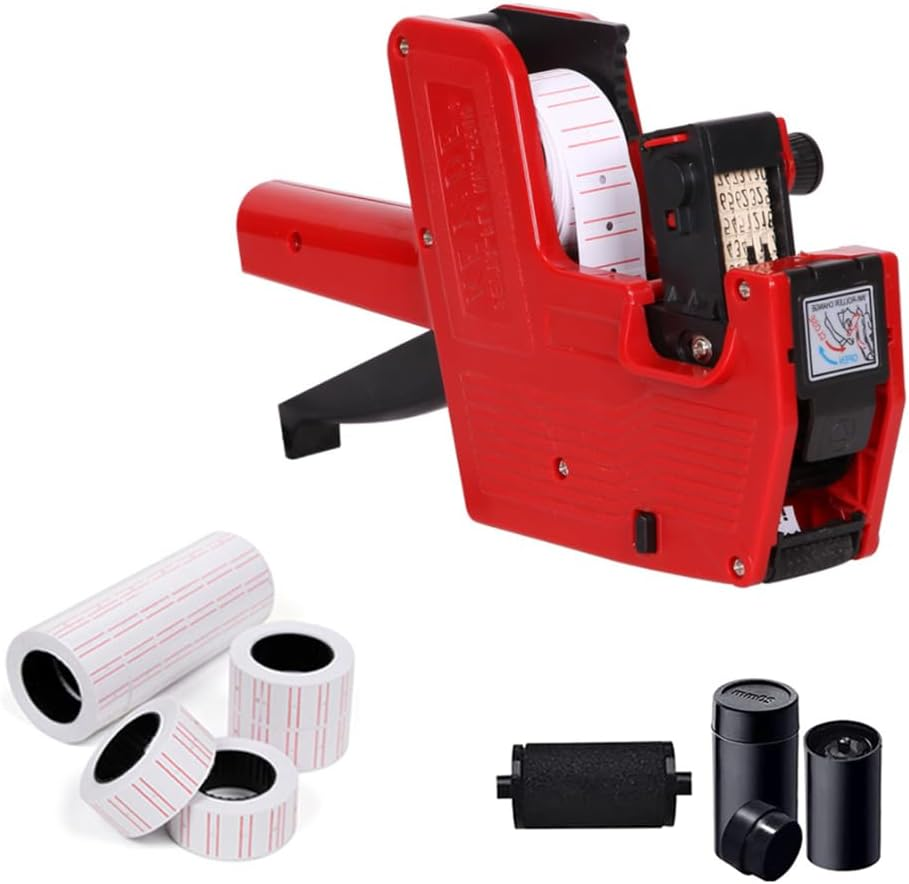 1-Line 8 Digits Price Label Gun with 10 Rolls/6000Pcs White Labels 3 Inkers,Pricing Stickers Labeler,Tag Maker Tagging Machine Gun for Office,Retail Shop,Grocery Store(Bright-Red)
