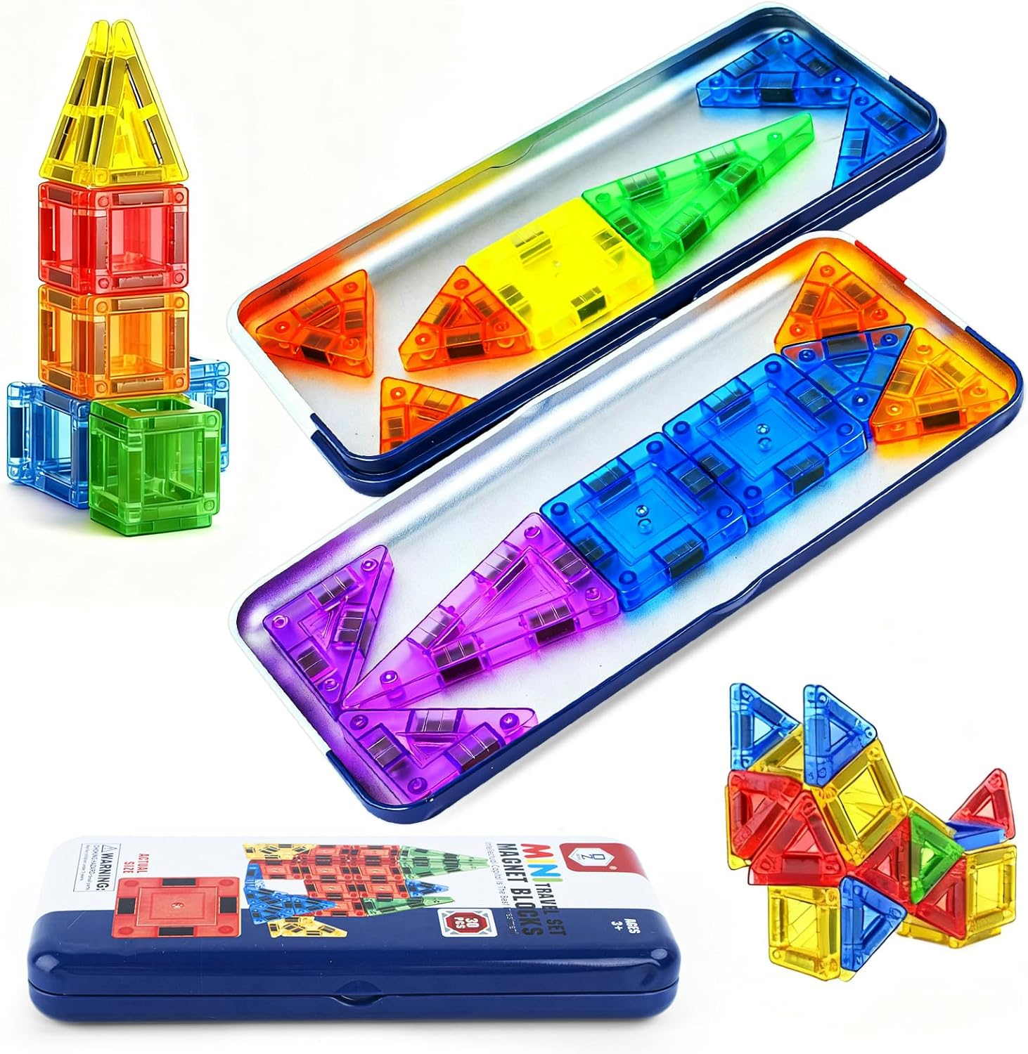 Mini Magnetic Tiles for Kids Ages 3-6, Travel Magnet Building Tiles Set, STEM Educational Building Blocks Set with Iron Box, 30PCS Portable Building Game Toys for Toddlers, Boys & Girls Puzzle Gift image number 4