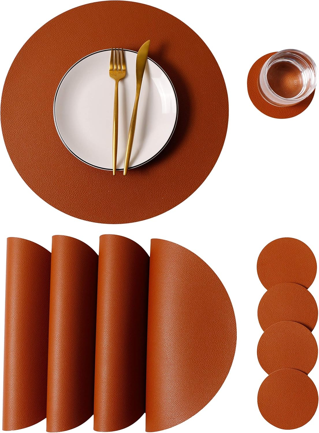 Wipeable Placemats and Coasters Leather Table Mats Waterproof Heat-Resistant Easy to Clean for Dining Table Set Kitchen Table Set of 6, Peach