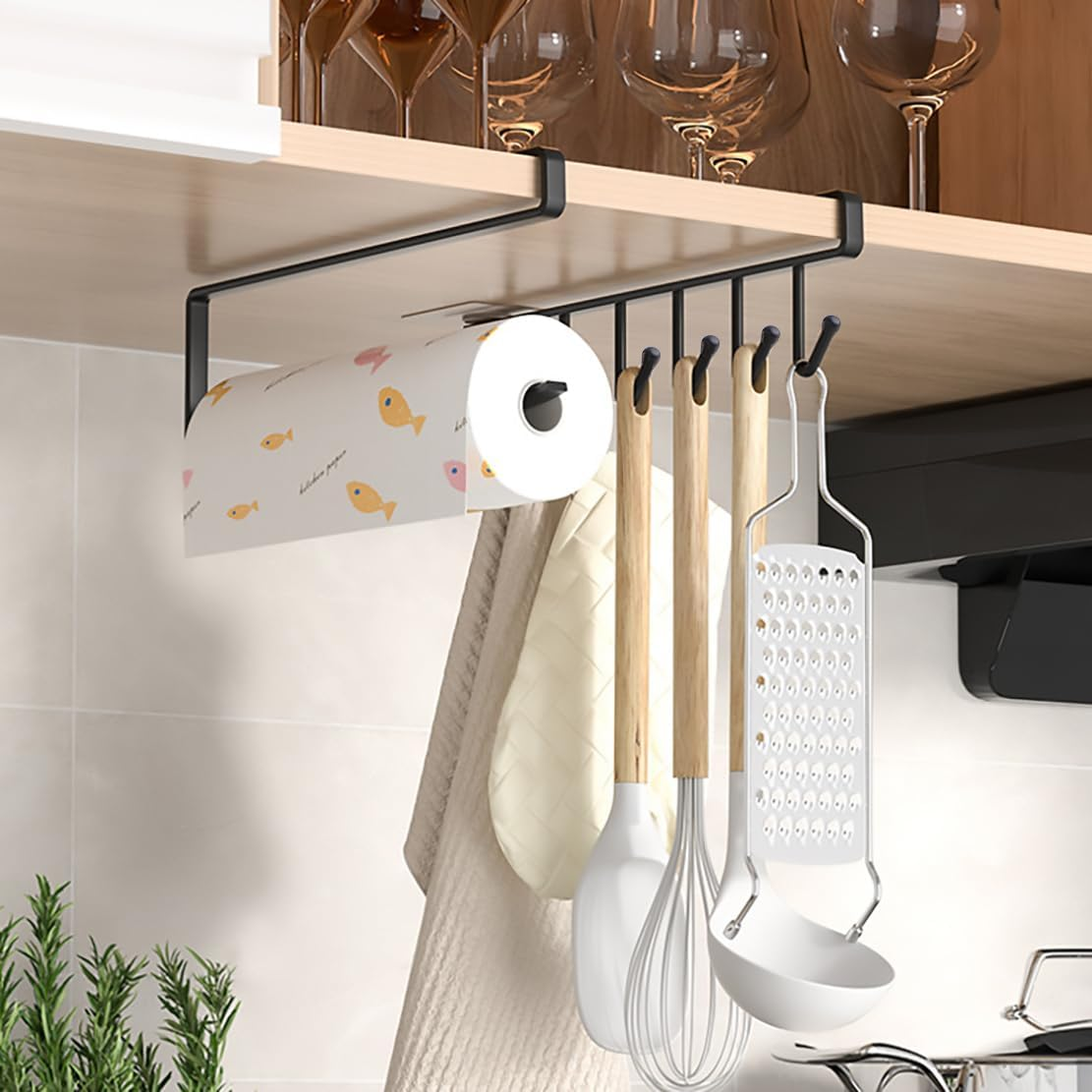 2 Pack under Shelf Organizers, Kitchen Roll Paper Towel Holder Mug Storage Hooks, Home Organization Accessories for Hanging Rolls, Towels, Coffee Cups, Cooking Utensils, Metal (Black) image number 5