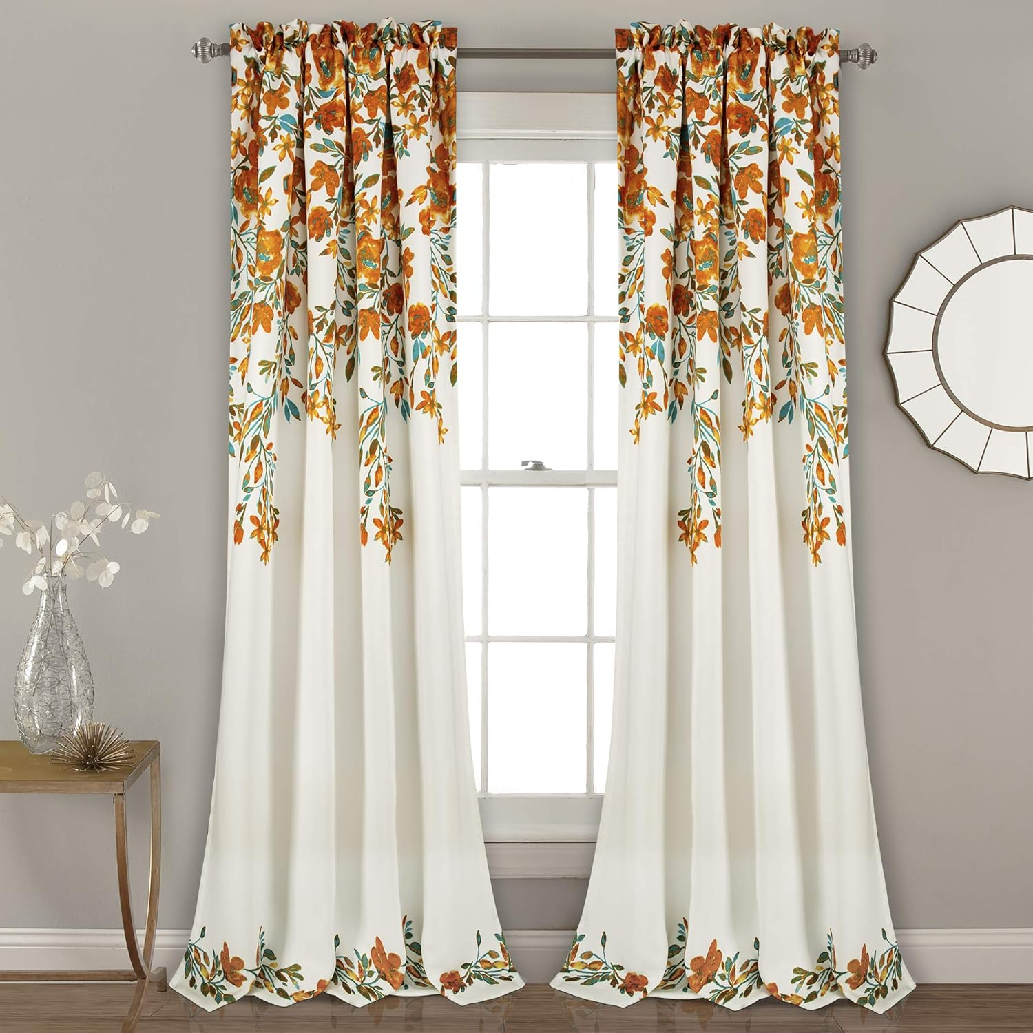 Lush Decor Tanisha Curtains - Light Filtering Window Panel Set, Pair - Floral Vine Print, Beautiful, Modern, Elegant Home Decor - 52" W X 84" L, Tangerine & Turquoise
