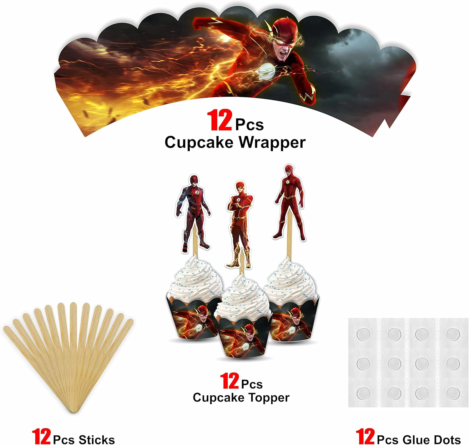 Flsh Cupcake Wrapper &ndash; Red Speed Hero Theme Party Sleeves for Boys Birthday, Comic Lightning Cupcake Wraps, Super Speed Celebration Decorations image number 3