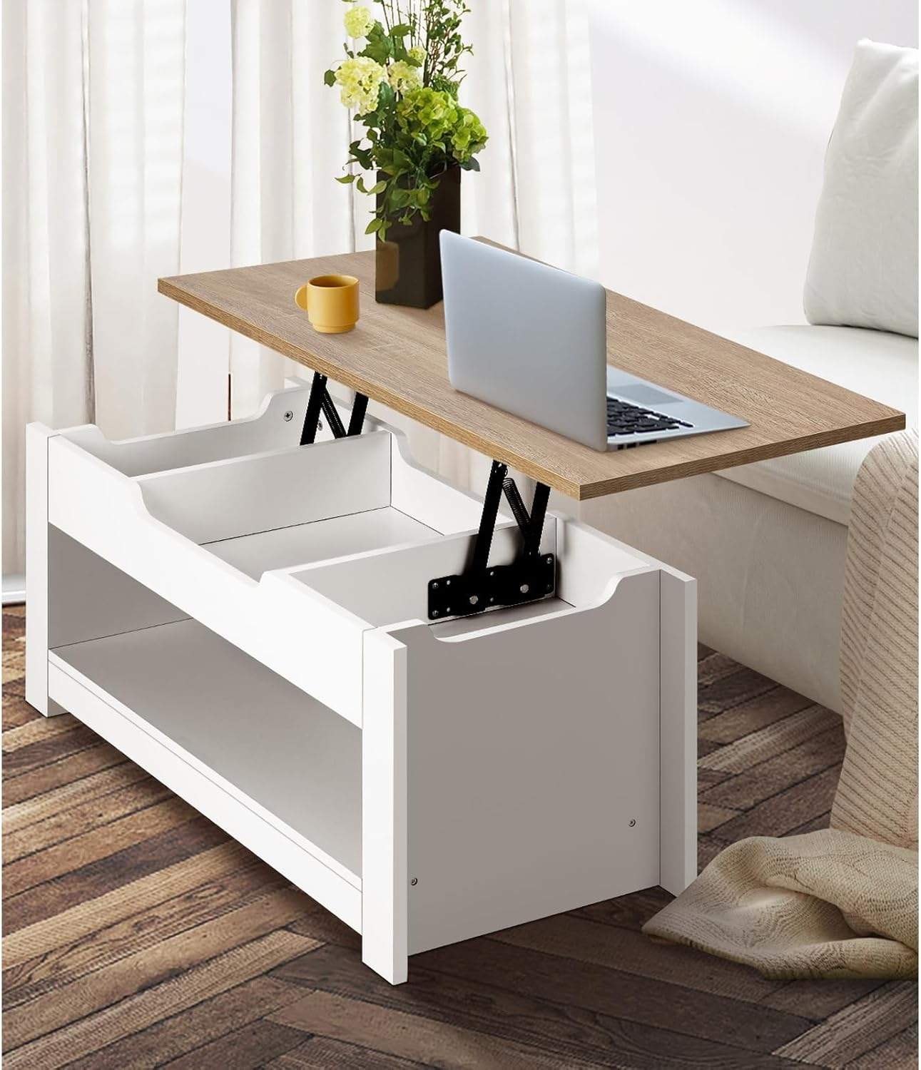 Oikiture Coffee Tables Lift up Top Wooden Convertible Hidden Book Storage Living Lounge Room Furniture Shelf Display,White and Natural Wood image number 1