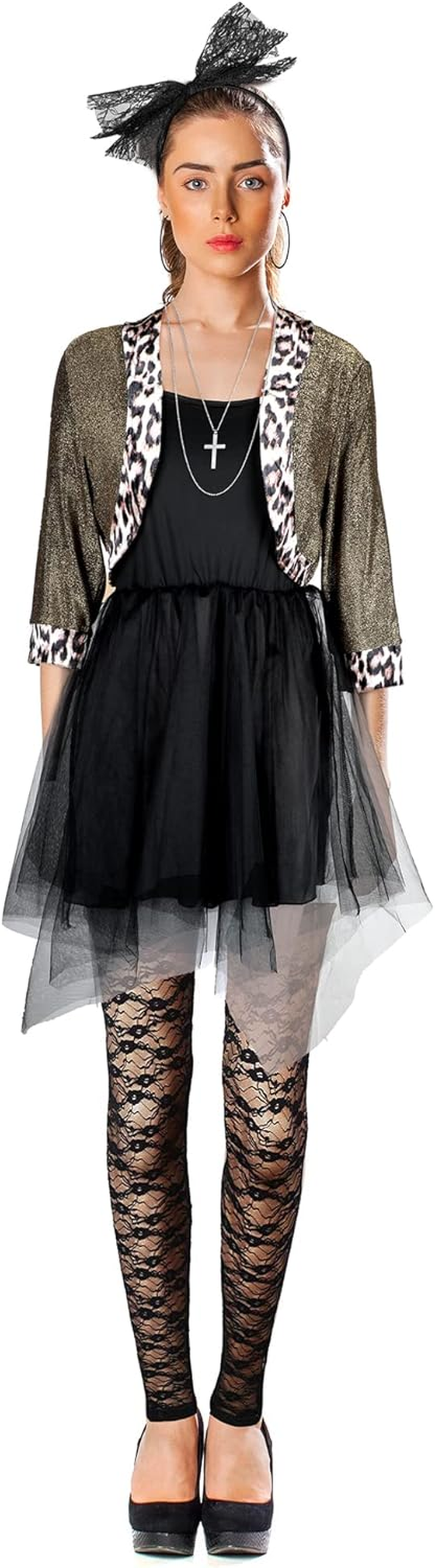 Boyiee Womens 80S Costume Set Dress Jacket Headband Earrings Necklace Lace Legging Gloves Halloween 80S Themed Costumes image number 2